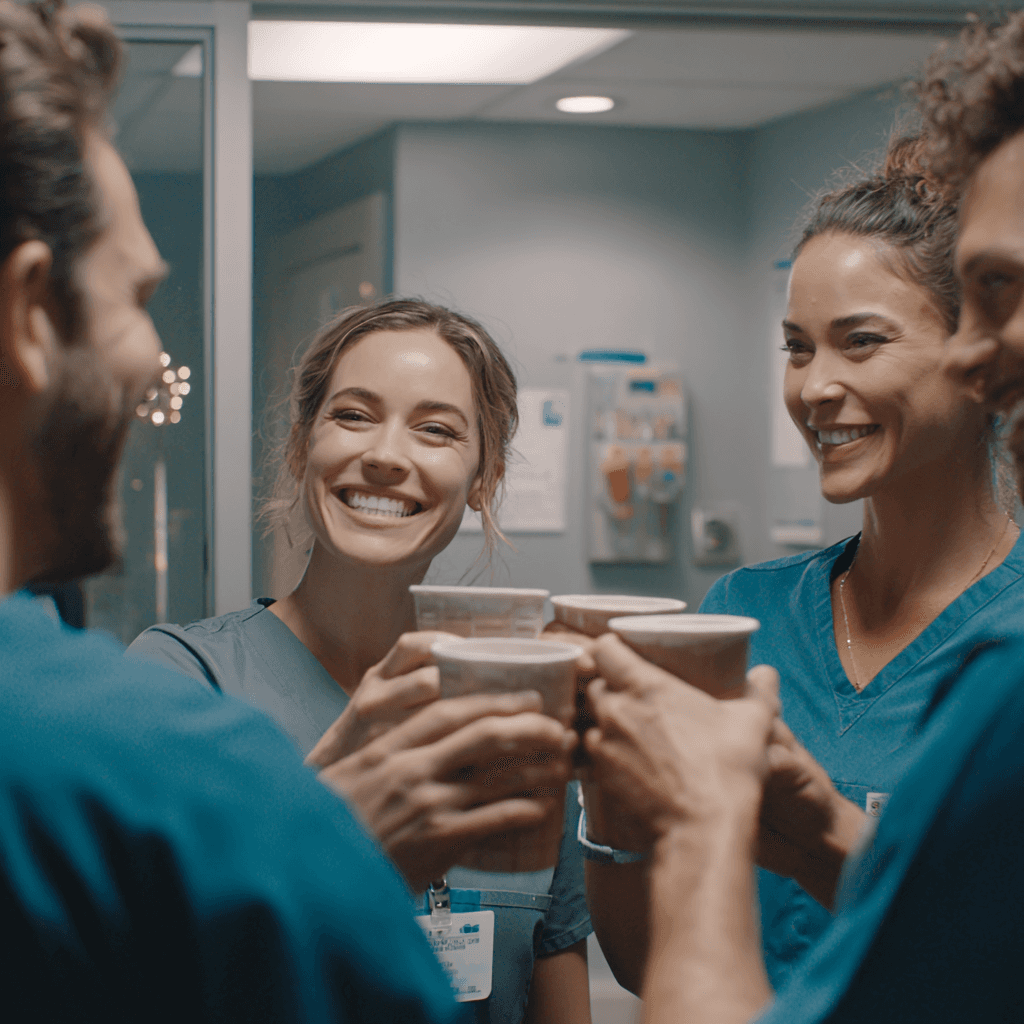 Smiling healthcare workers in blue scrubs clink coffee cups in a hospital break room, conveying camaraderie and a positive, uplifting atmosphere.
