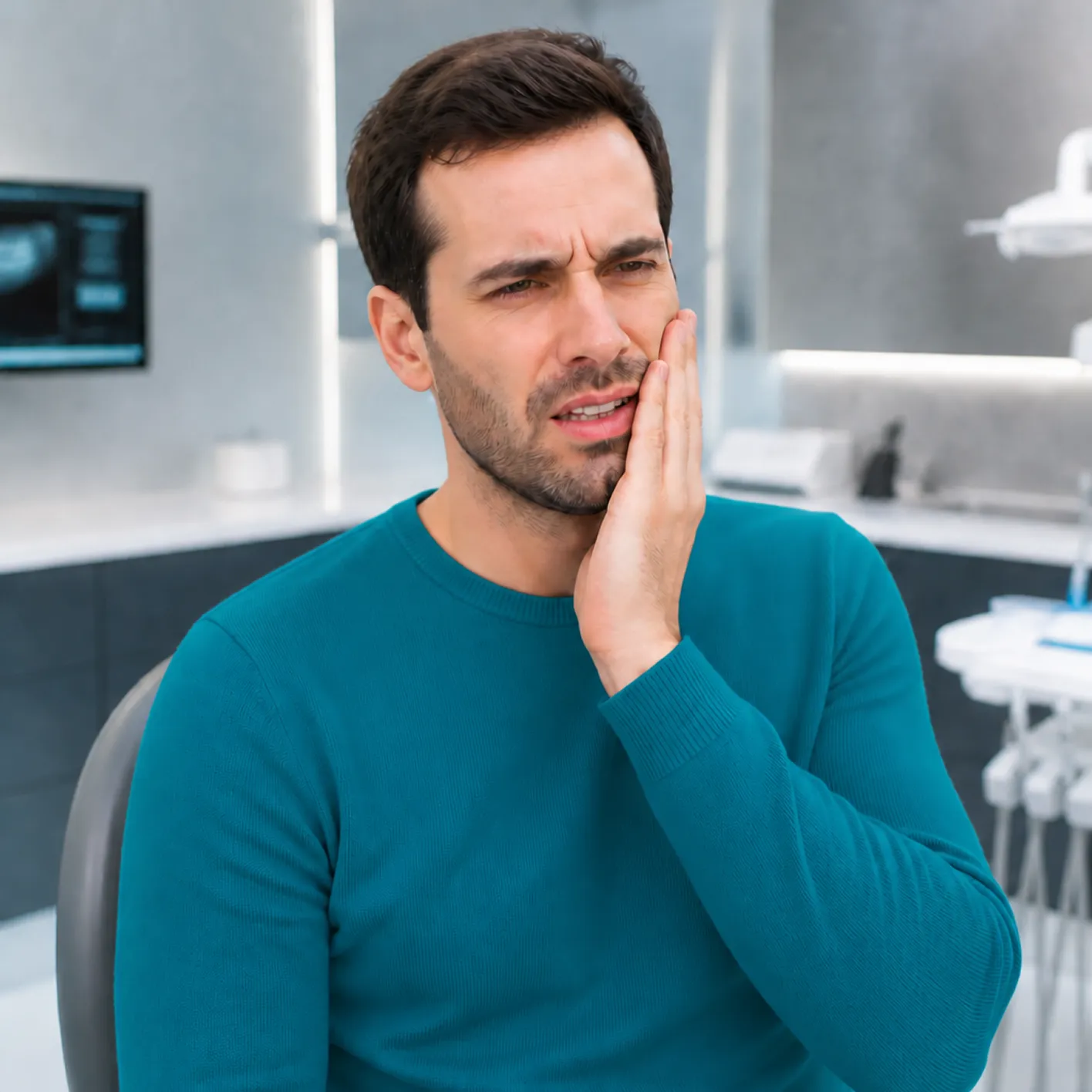 Man posing thoughtfully against a blue background after cosmetic dental treatment.