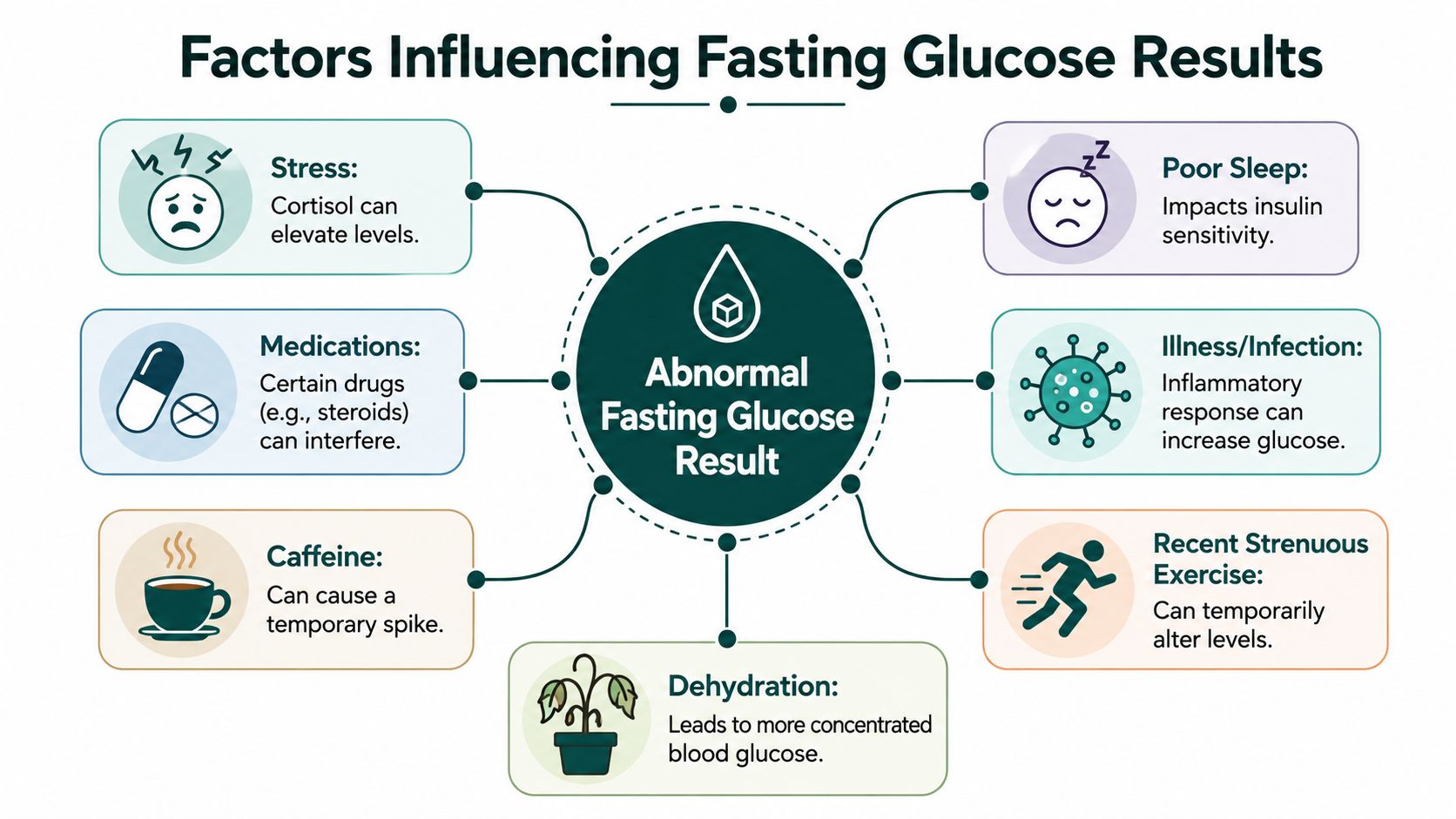 A flow chart illustrating various factors that can negatively influence a person's fasting glucose test results.