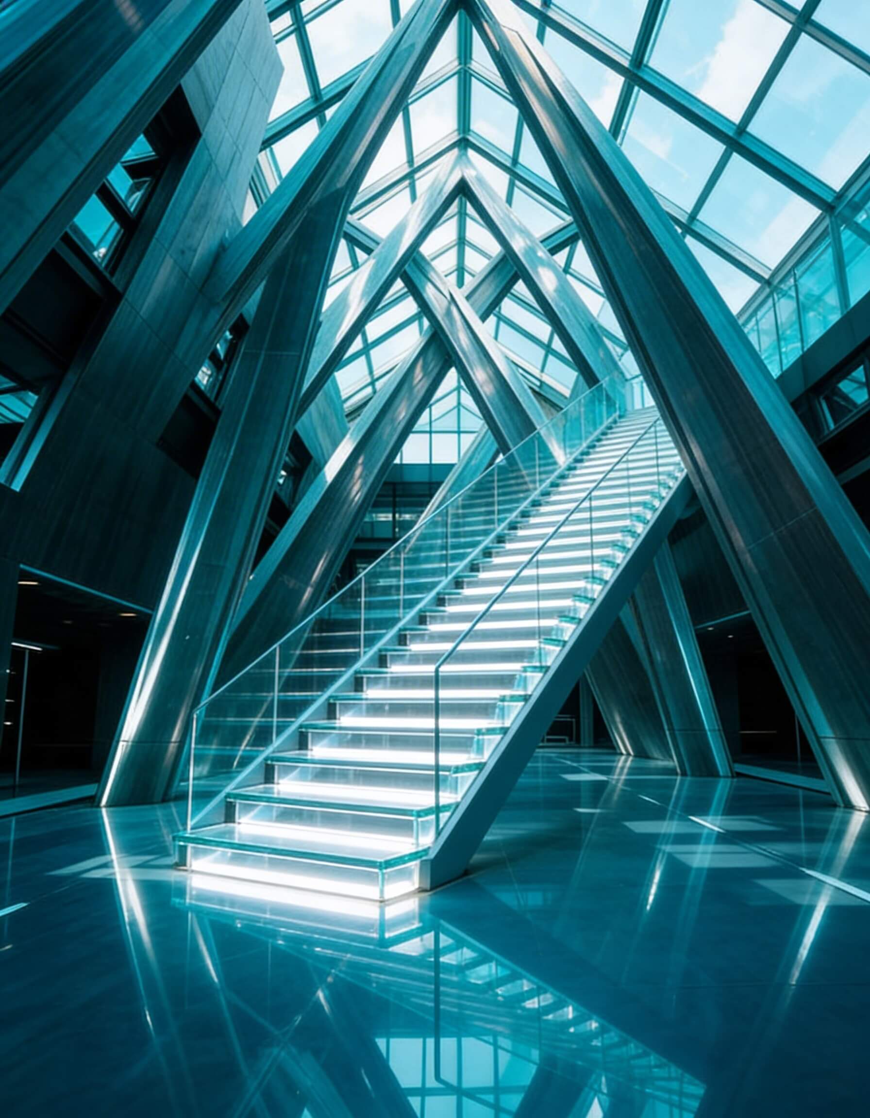 Interior escalators within a high-tech glass and steel architectural structure