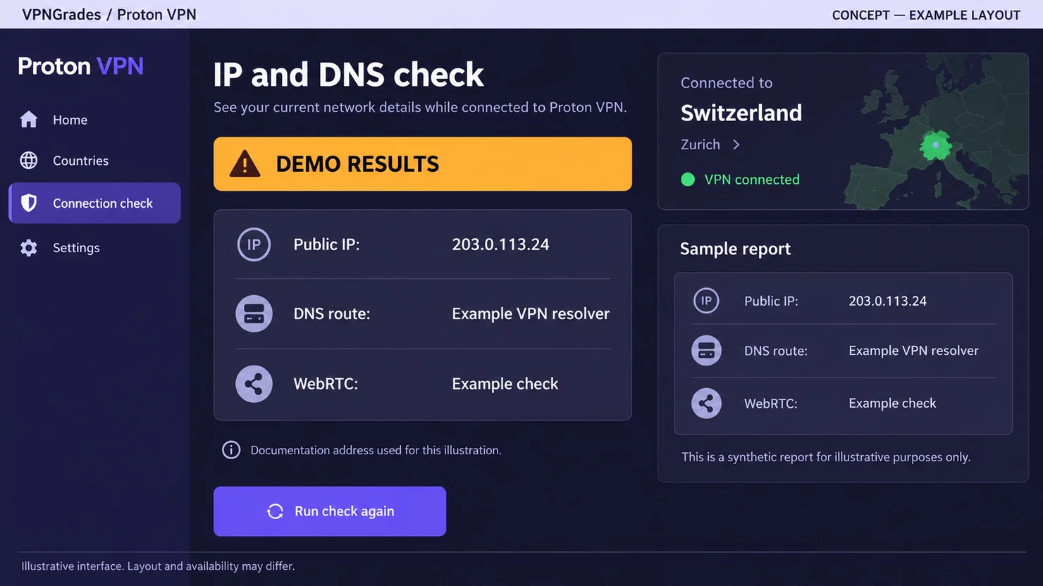 Proton VPN: a sample ip, dns and webrtc check (illustration).