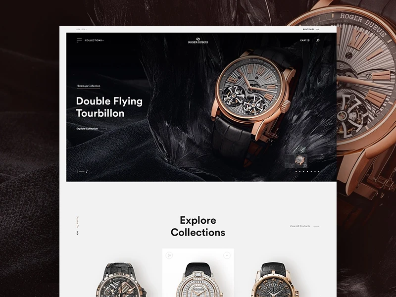 Luxury Roger Dubuis watch website featuring a Double Flying Tourbillon, black textured backdrop, and an Explore Collections section with three timepieces.