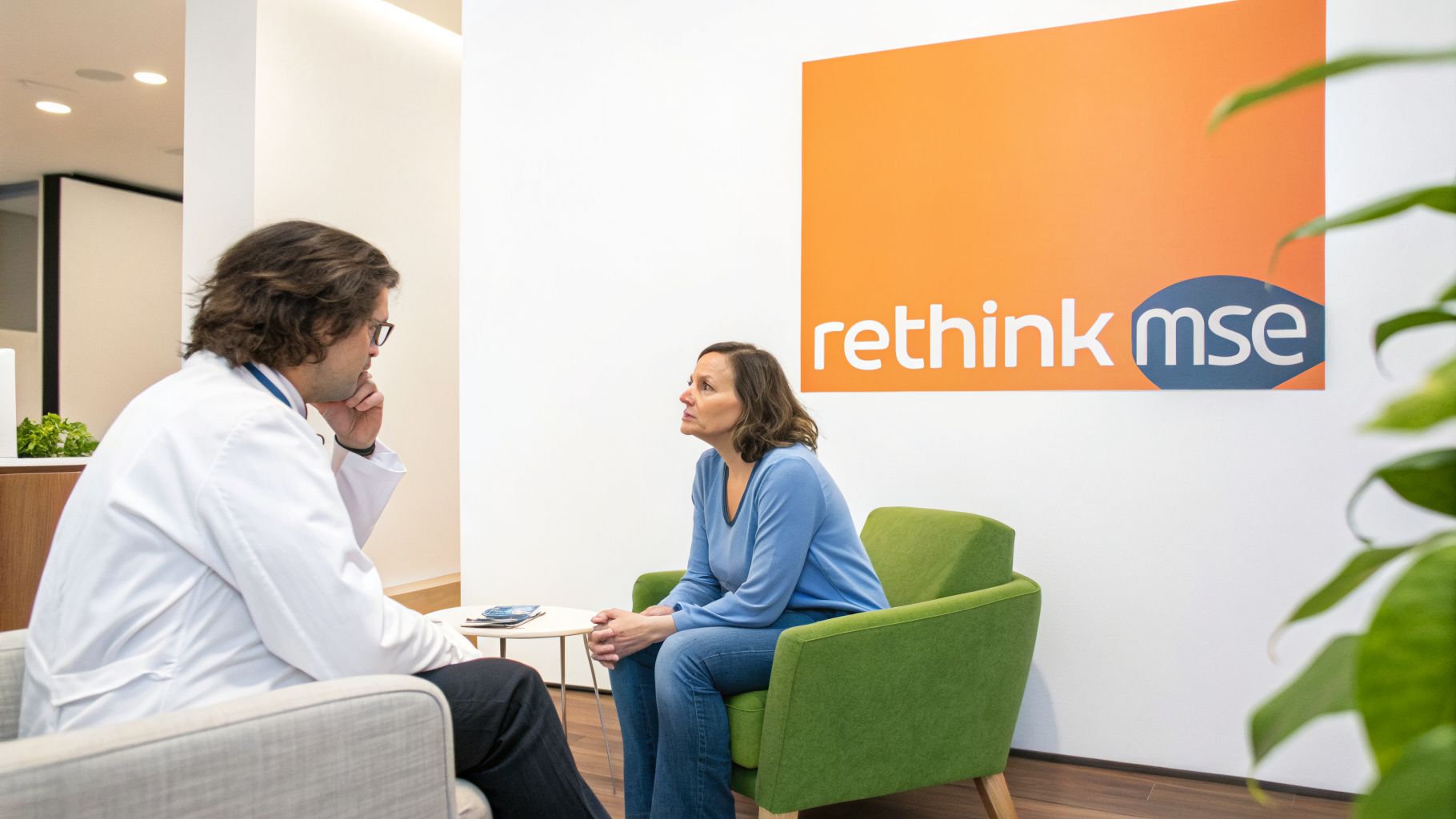 A doctor in a white coat consults with a female patient in a modern office.