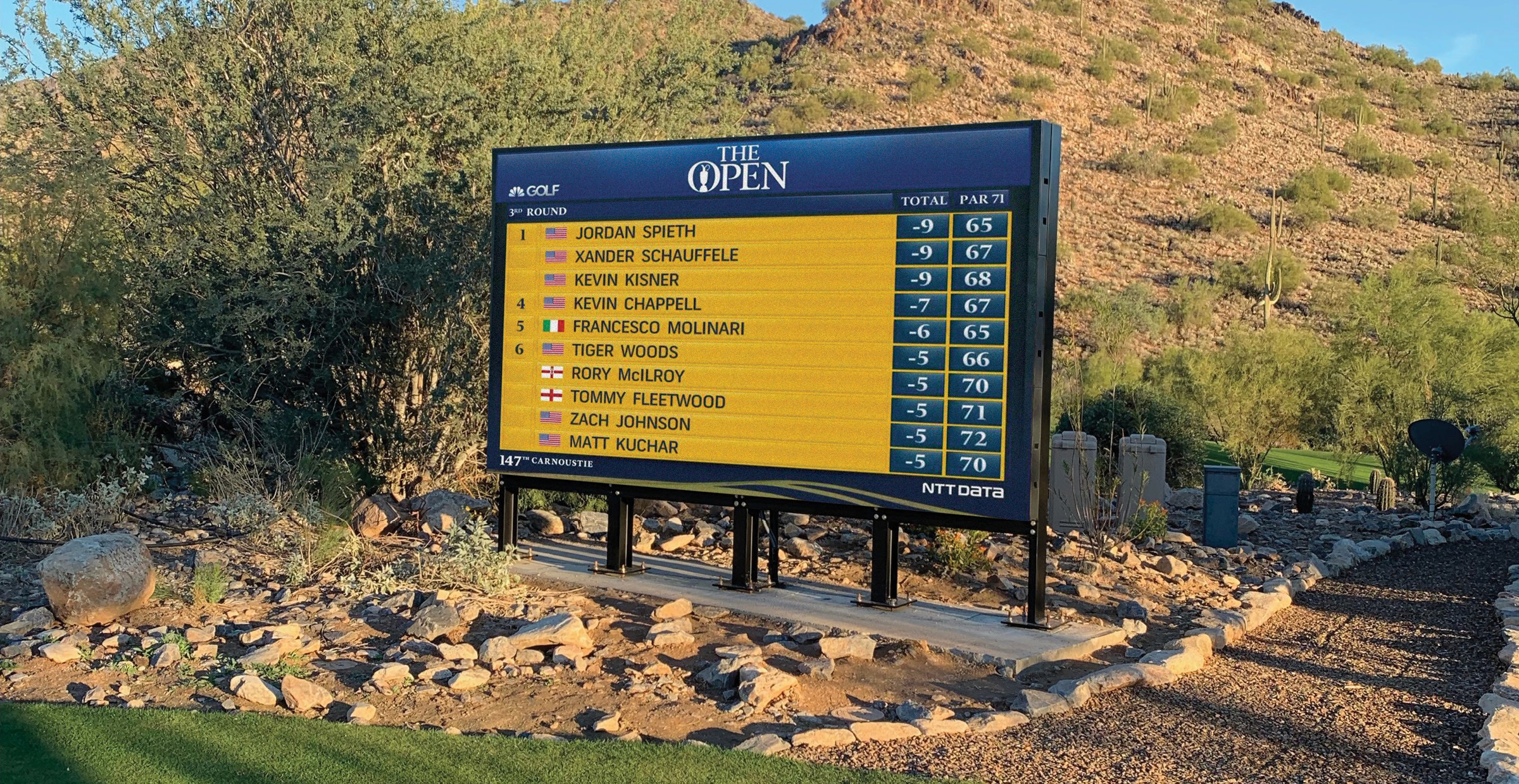 The Open golf leaderboard showing top players and scores.