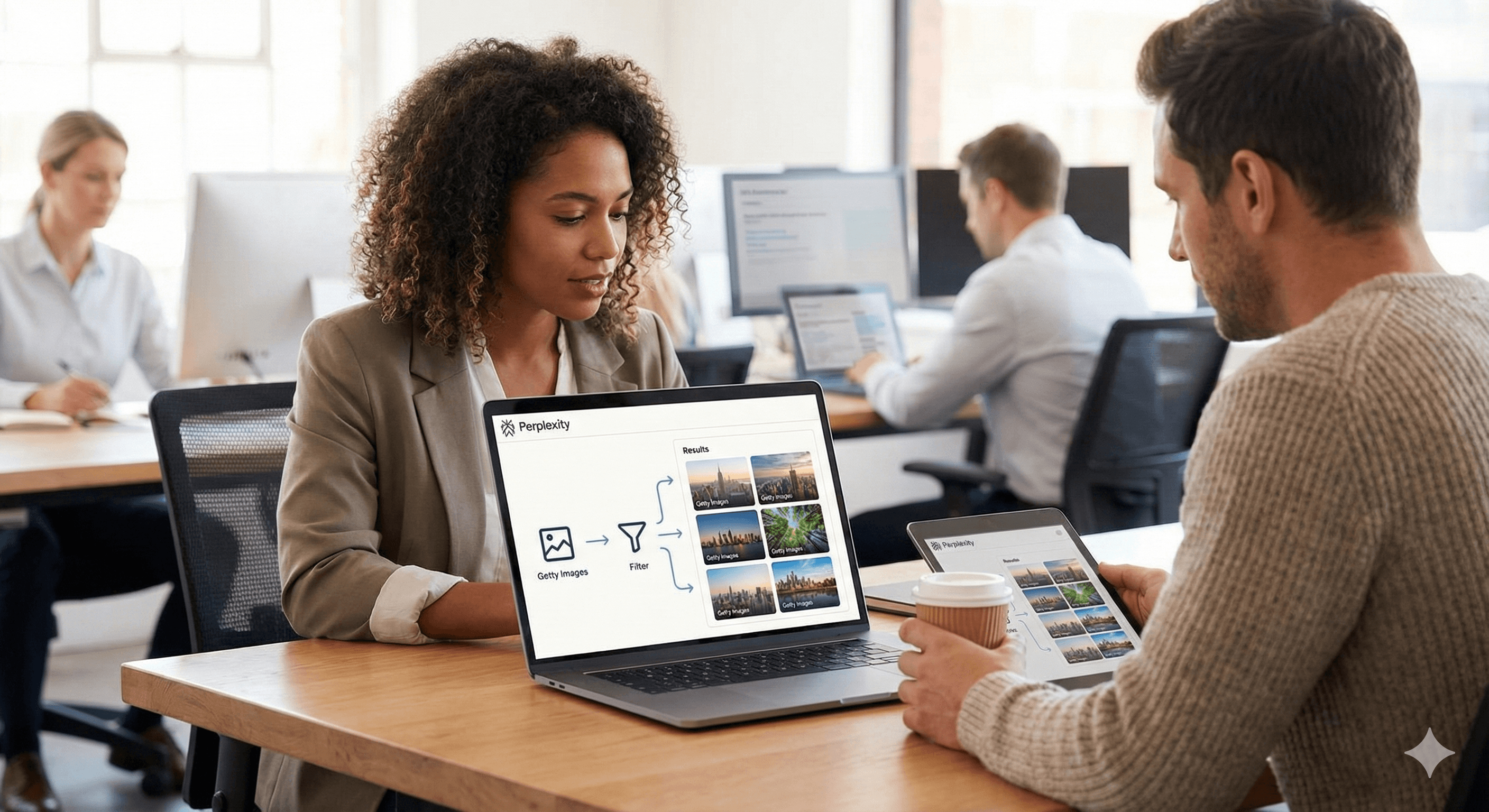 Two people in a modern office are using laptops and a tablet displaying the Getty Images Perplexity Partnership platform, showcasing image search results on their screens.
