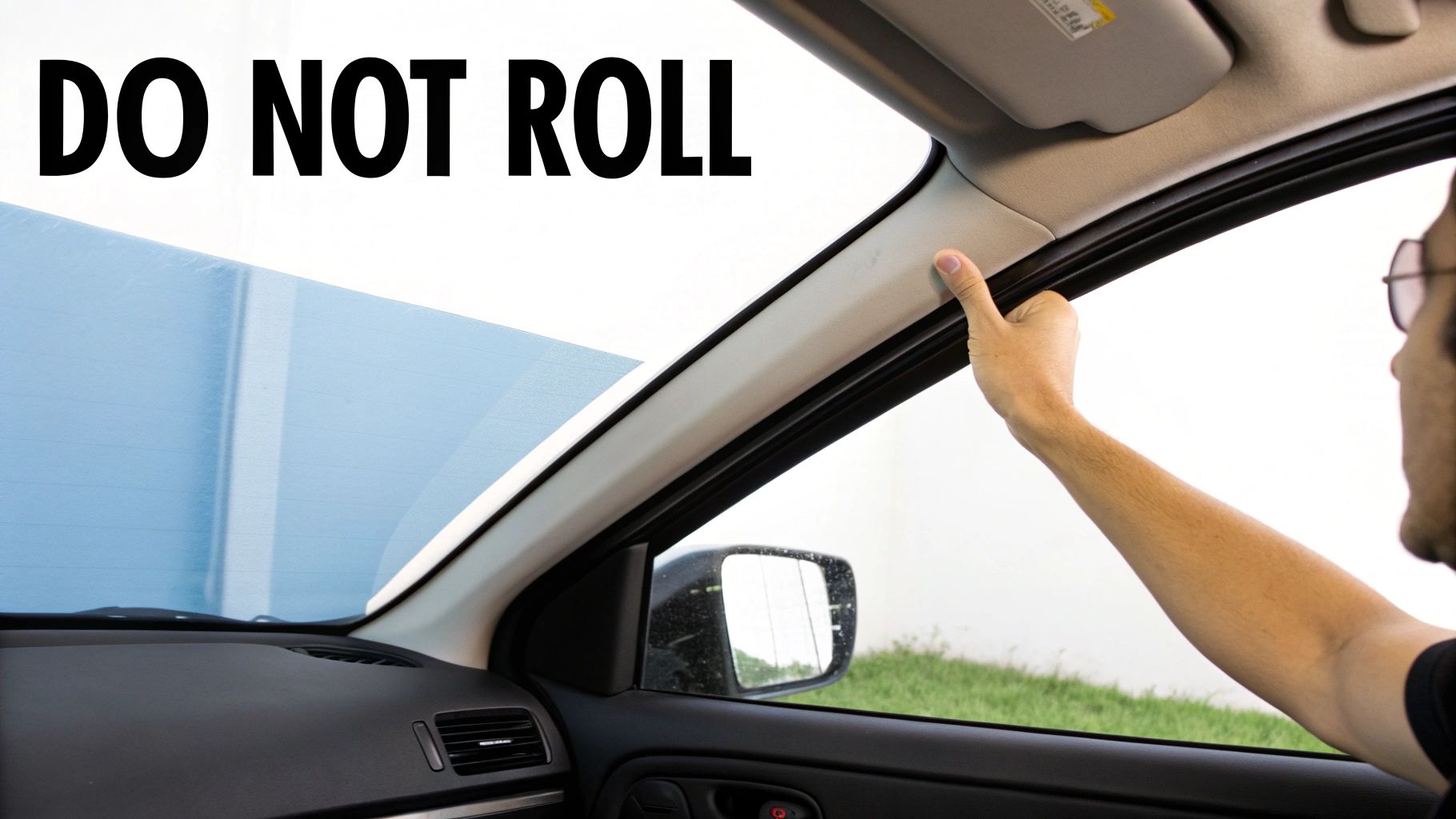 A man inside a car with a 'DO NOT ROLL' sign on a freshly tinted window.