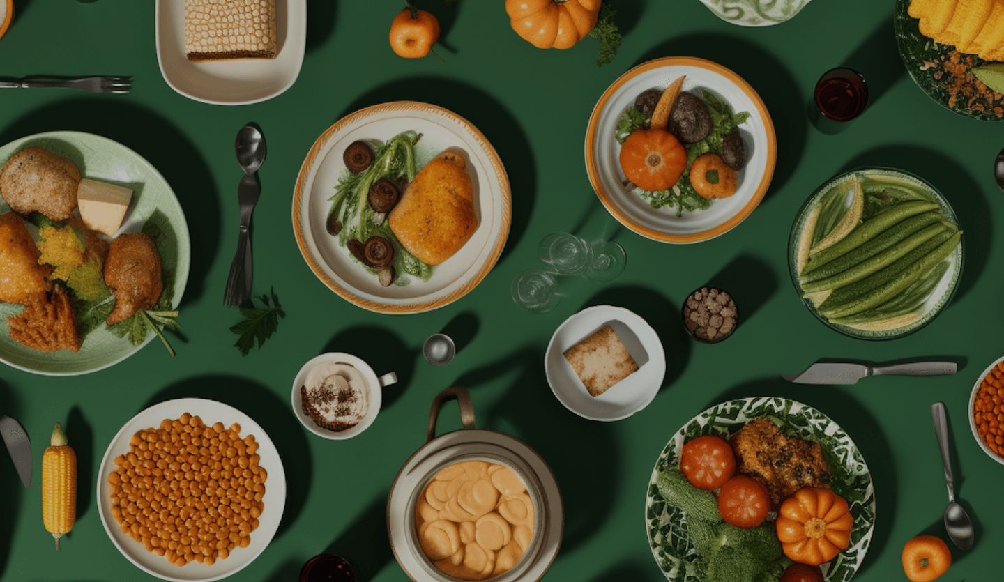 A flat lay of a Thanksgiving meal on a green tablecloth showcases dishes like roasted chicken, salad, assorted vegetables, corn, chickpeas, and desserts. This festive feast aligns with any diet plan focusing on balanced nutrition. Utensils and glasses are artfully arranged around the plates.