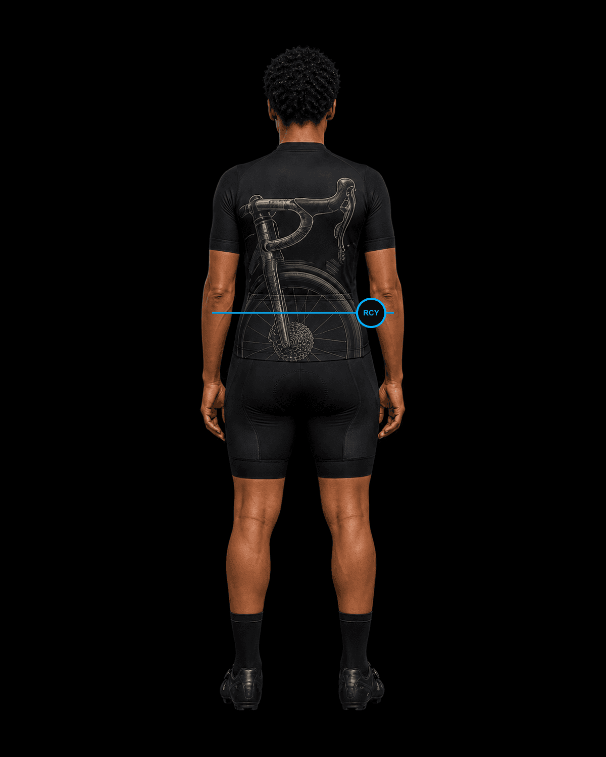 Back view of the same female road cyclist wearing the black Valkyrie Formation road-cycling kit concept with an engraved integrated drop handlebar, fork and cassette.
