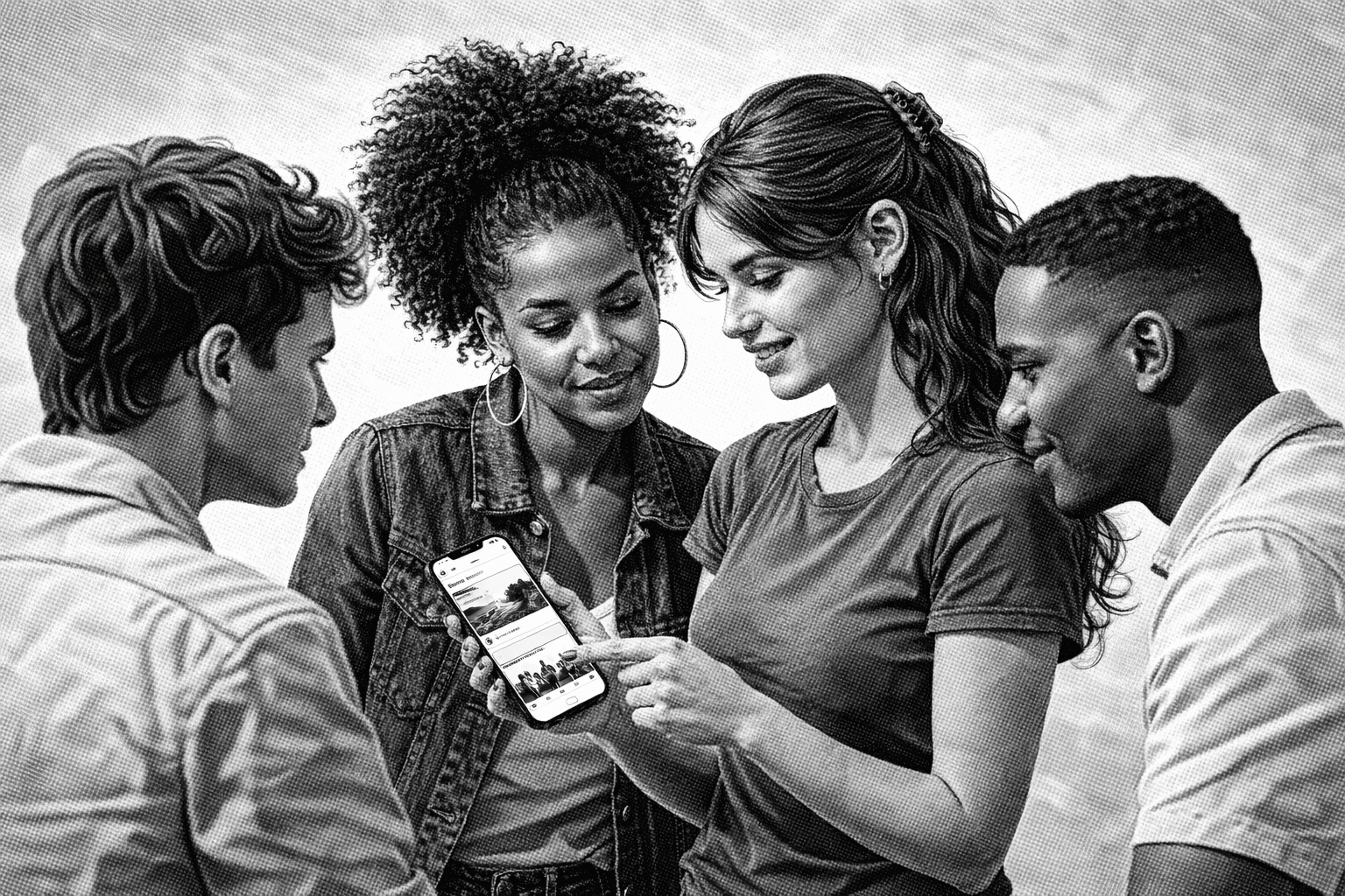 a woman showing off her phone screen to a group of people. black and white image.