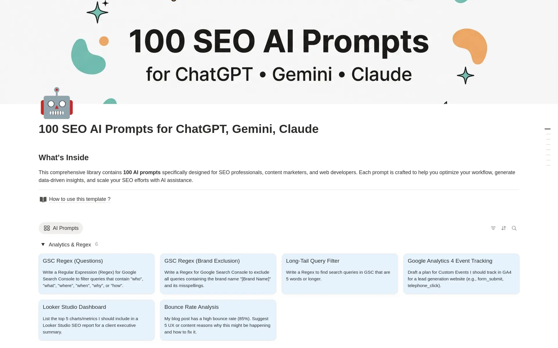 100+ SEO AI Prompts Notion template preview
