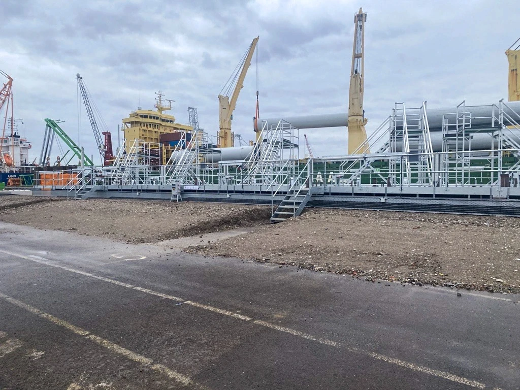 Steel tower frames installed at a port site.