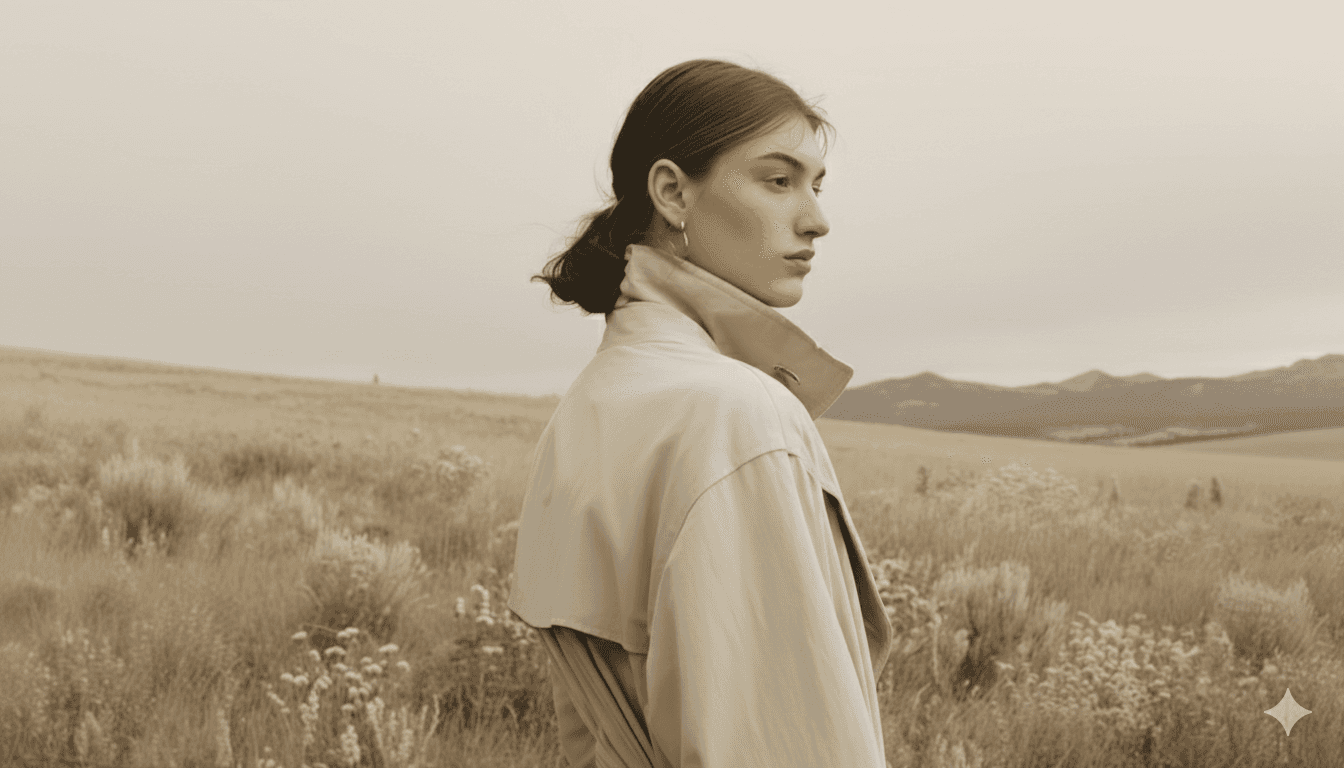 A flowing, abstract form with smooth, wavy textures is depicted, featuring a gradient of soft green and fiery orange hues, set against a muted brown background.