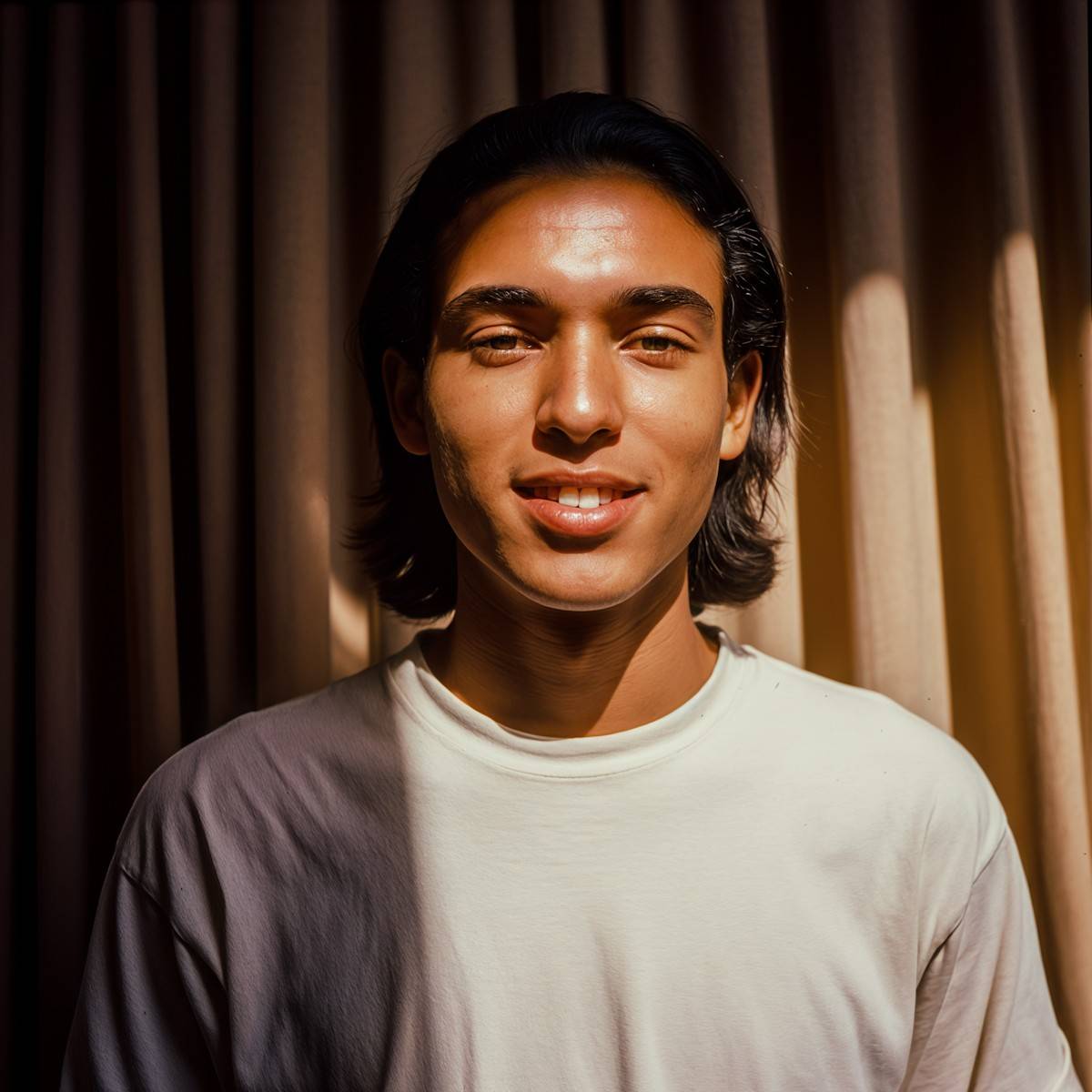 Smiling man with dark hair in warm, striped indoor sunlight.