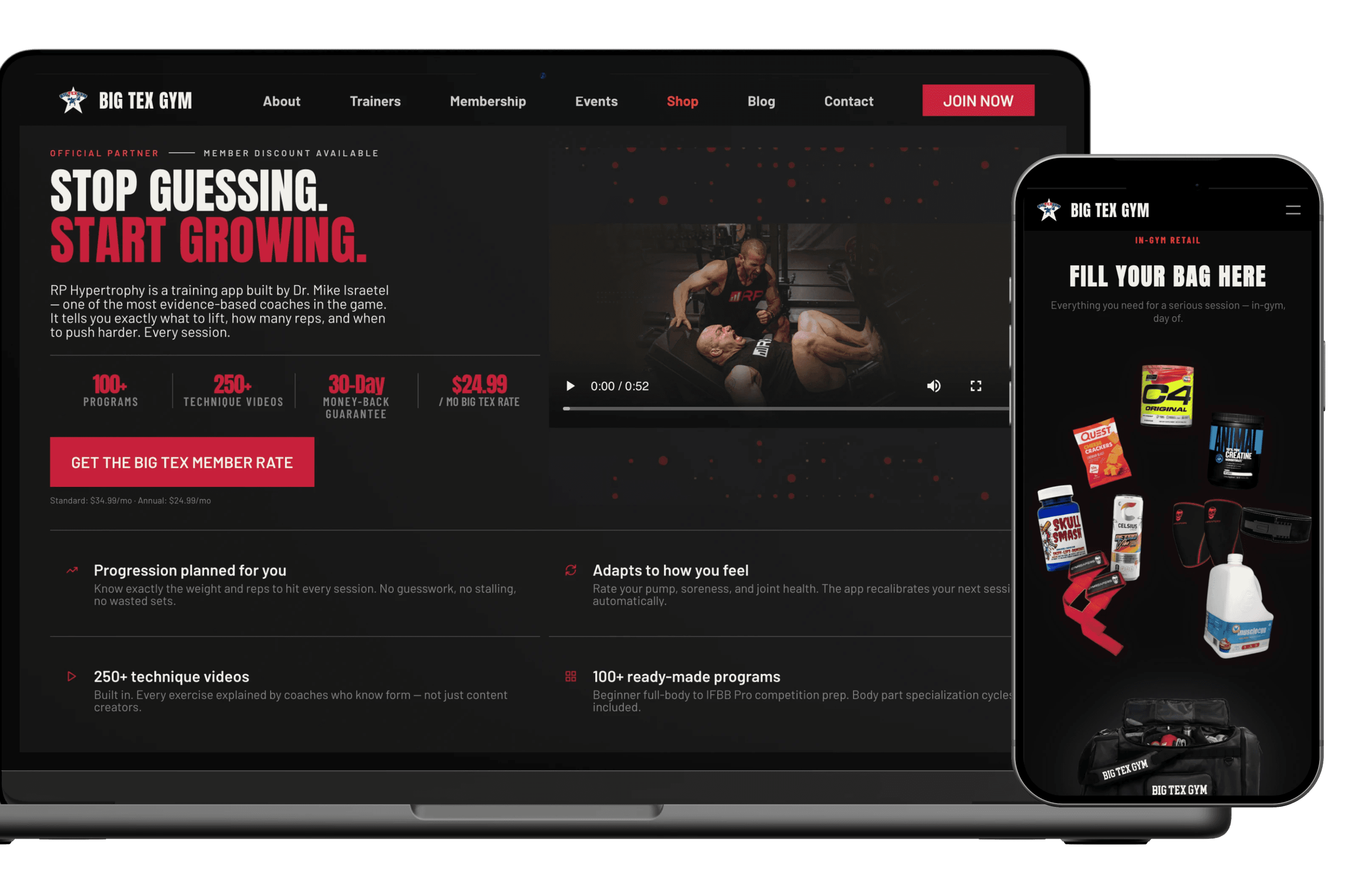 Big tex gym mockups of the shop on desktop and mobile