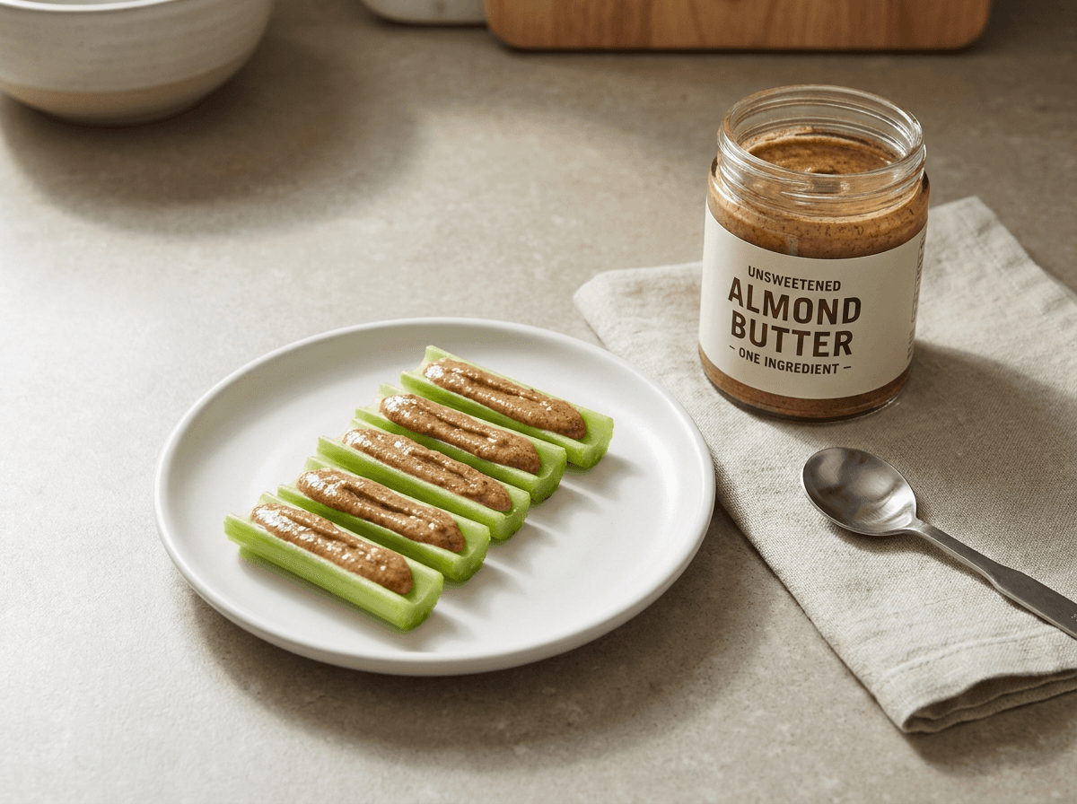 Celery sticks filled with measured almond butter beside an open jar