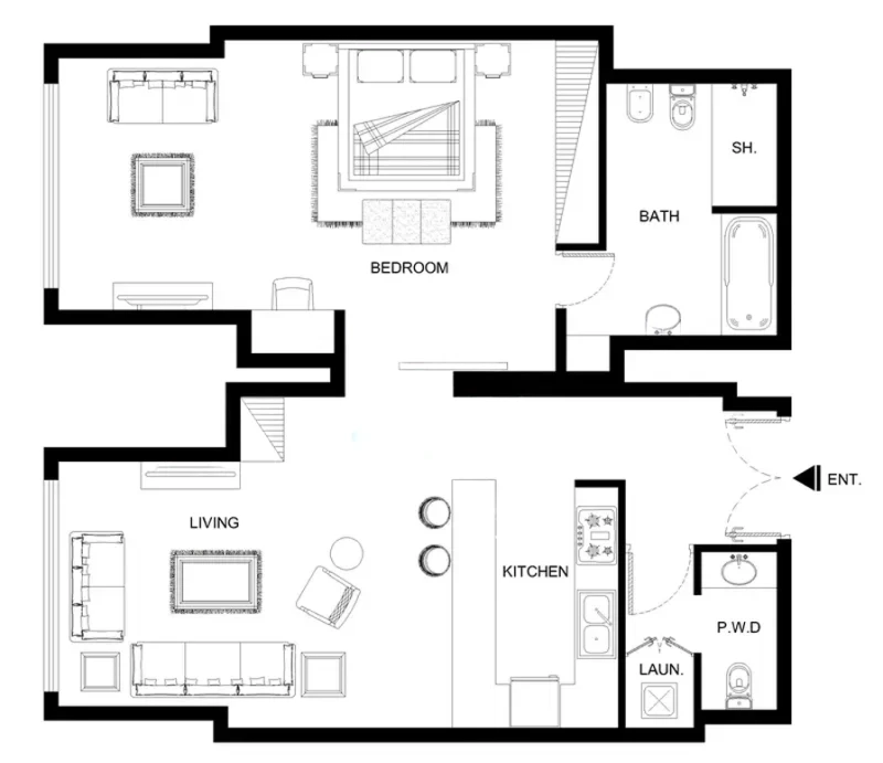 Modern 1-bedroom floor plan at Index Tower, an ideal investment opportunity for Dubai real estate buyers.