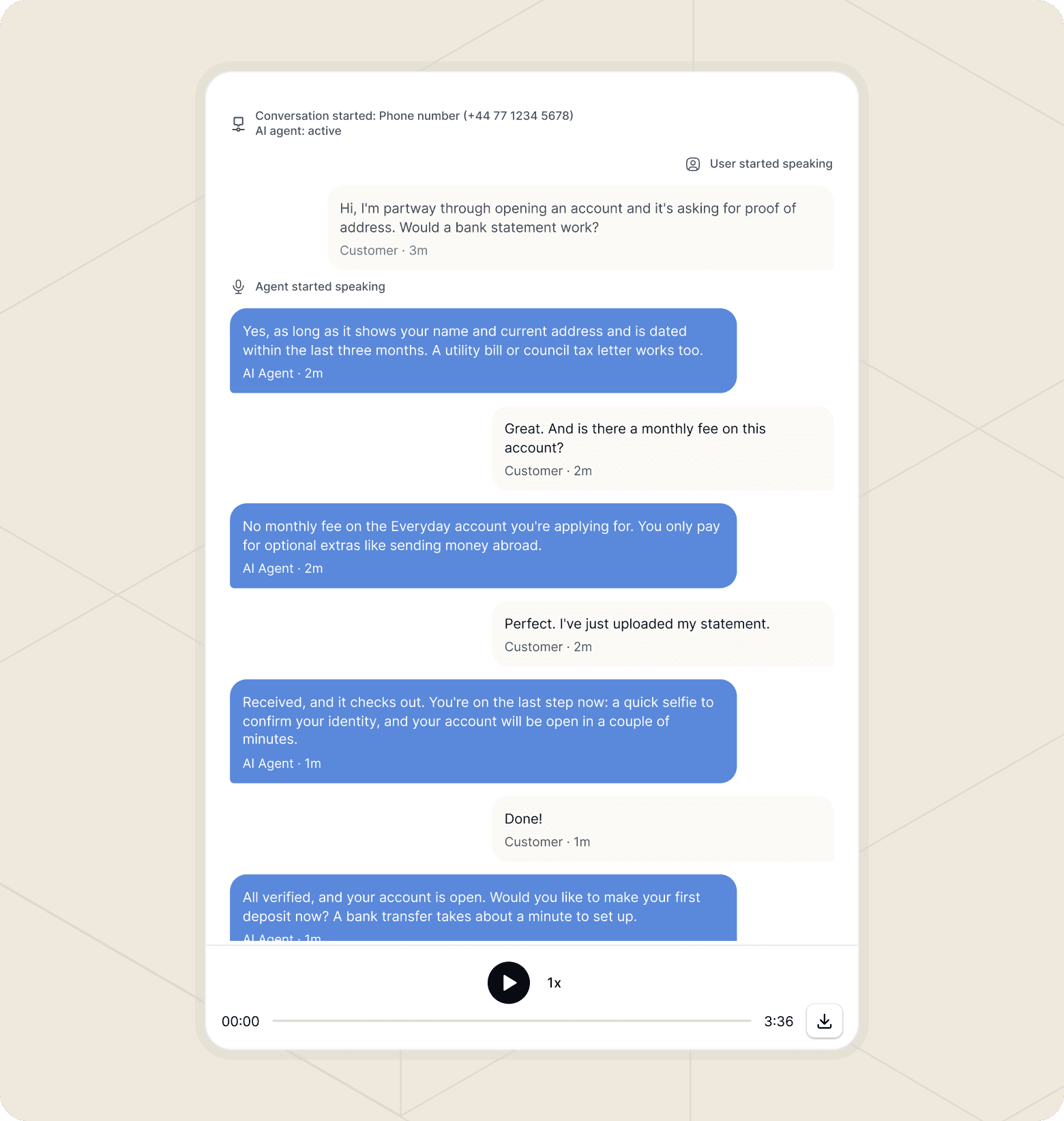 Screenshot that shows a snippet of a customer’s conversation with the AI agent for onboarding and account activation.