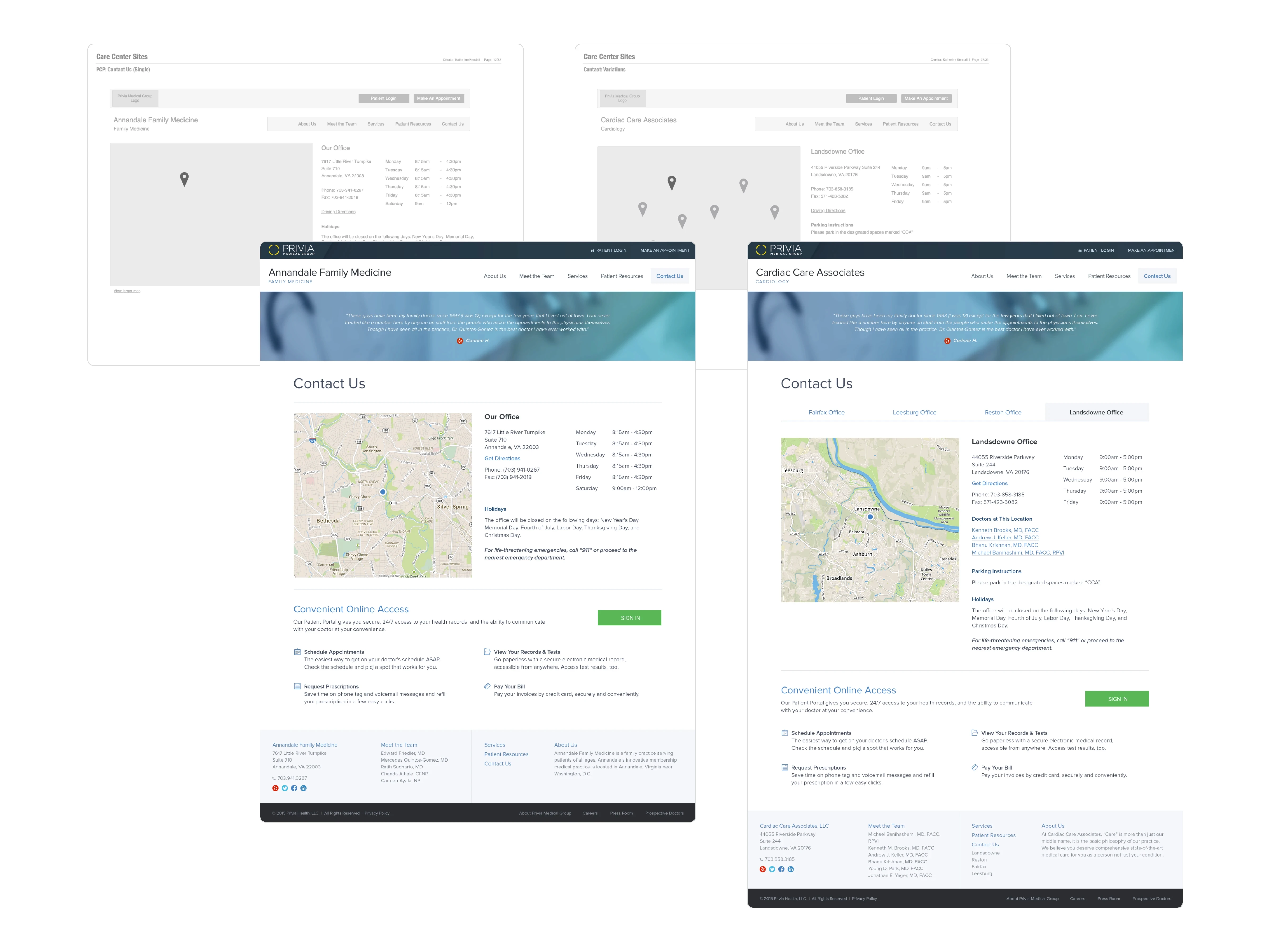 Wireframes and designs for contact pages.