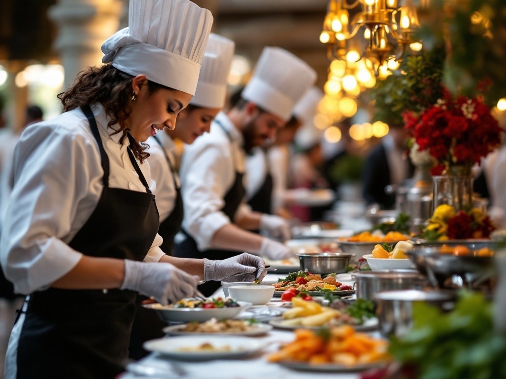 A line of chefs in white coats and chef hats prepare food at a buffet.