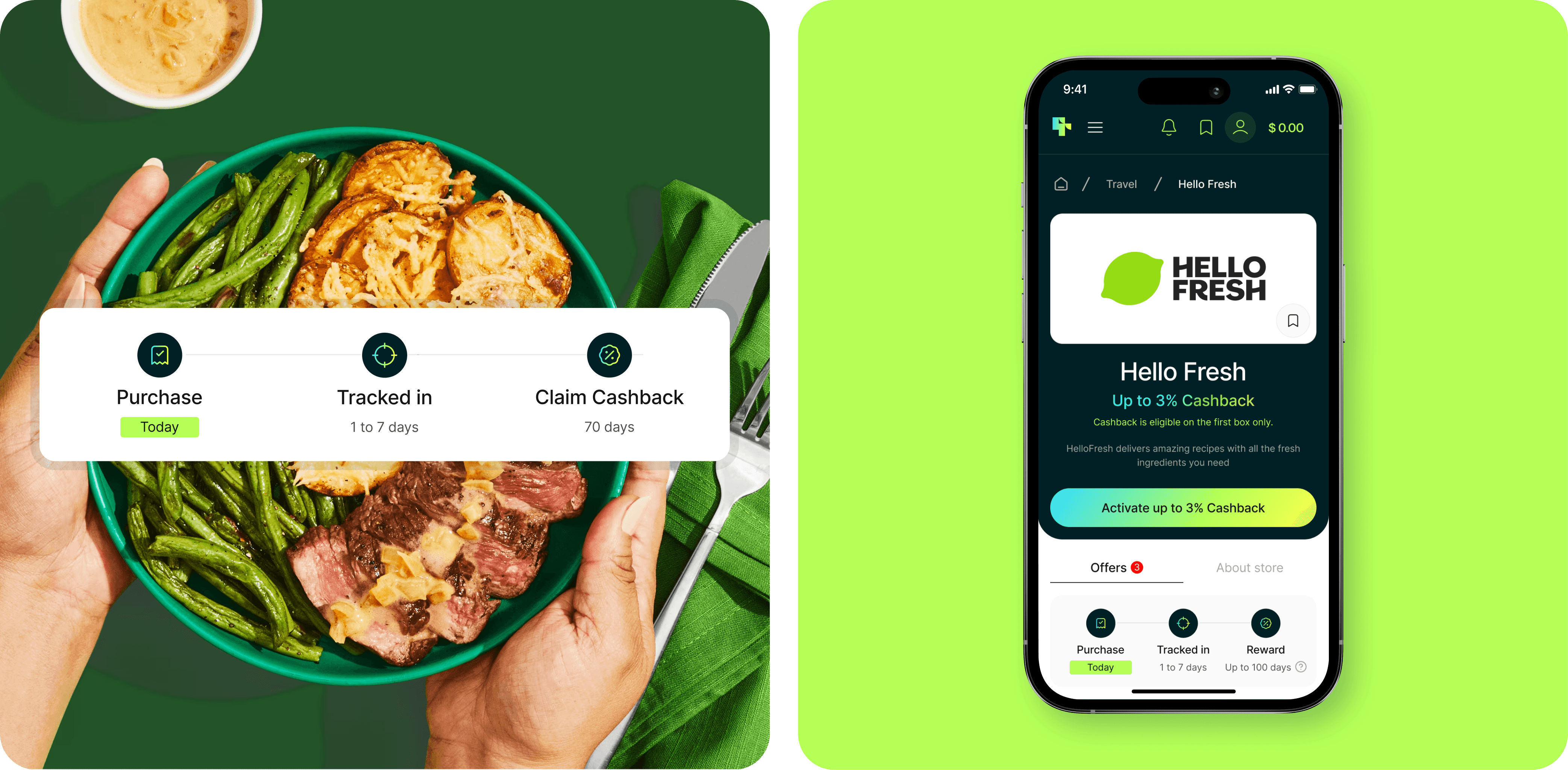 A close-up image of a vibrant meal in a green bowl, held by two hands. The meal includes seasoned green beans, roasted potatoes, and a juicy steak topped with a creamy sauce. Above the bowl, there is an overlay displaying cashback information with three steps: "Purchase Today," "Tracked in 1 to 7 days," and "Claim Cashback in 70 days." A small bowl of dipping sauce and green cutlery are visible in the background, enhancing the visual appeal of the meal. / A mobile screen displaying the Hello Fresh cashback offer on the ReloadRewards app interface. The screen shows the Hello Fresh logo, with text indicating "Up to 3% Cashback" and a button labeled "Activate up to 3% Cashback" highlighted in a gradient green and yellow. Below, there are details of the offer including three stages: "Purchase Today," "Tracked in 1 to 7 days," and "Reward Up to 100 days." The app interface is set against a bright green background, emphasizing the fresh and vibrant theme of the promotion.