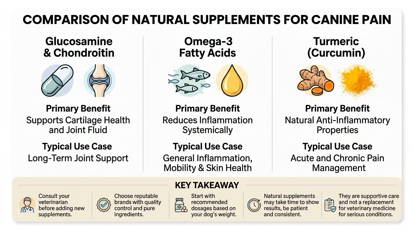 A comparison chart of three natural supplements for canine pain including Glucosamine, Omega-3, and Turmeric with usage tips.