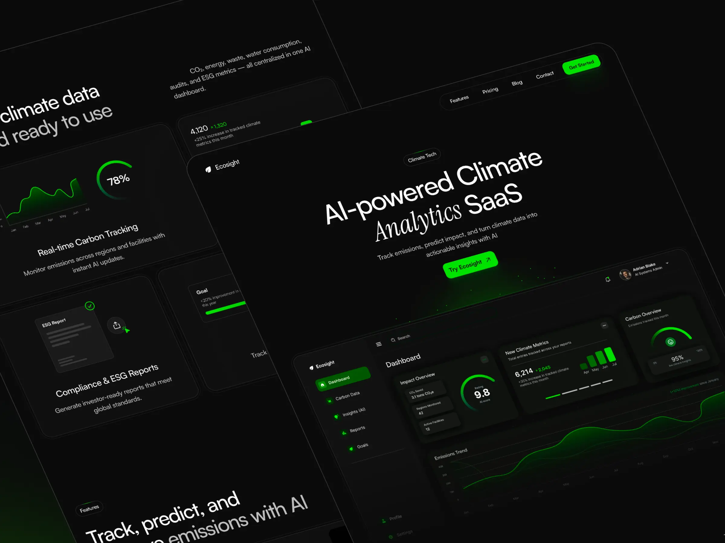 Dark Framer dashboard template for climate analytics and ESG SaaS — data-driven UI with graphs and metrics sections