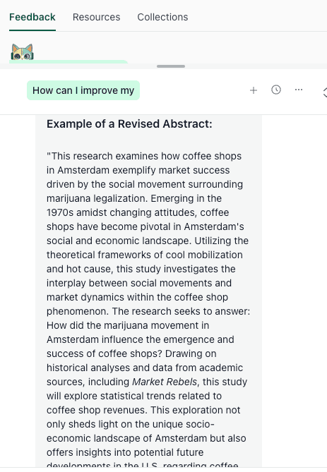 Chat with Theo panel showing a full revised sociology abstract for Amsterdam coffee shops with clearer question, methods, results, and contribution.