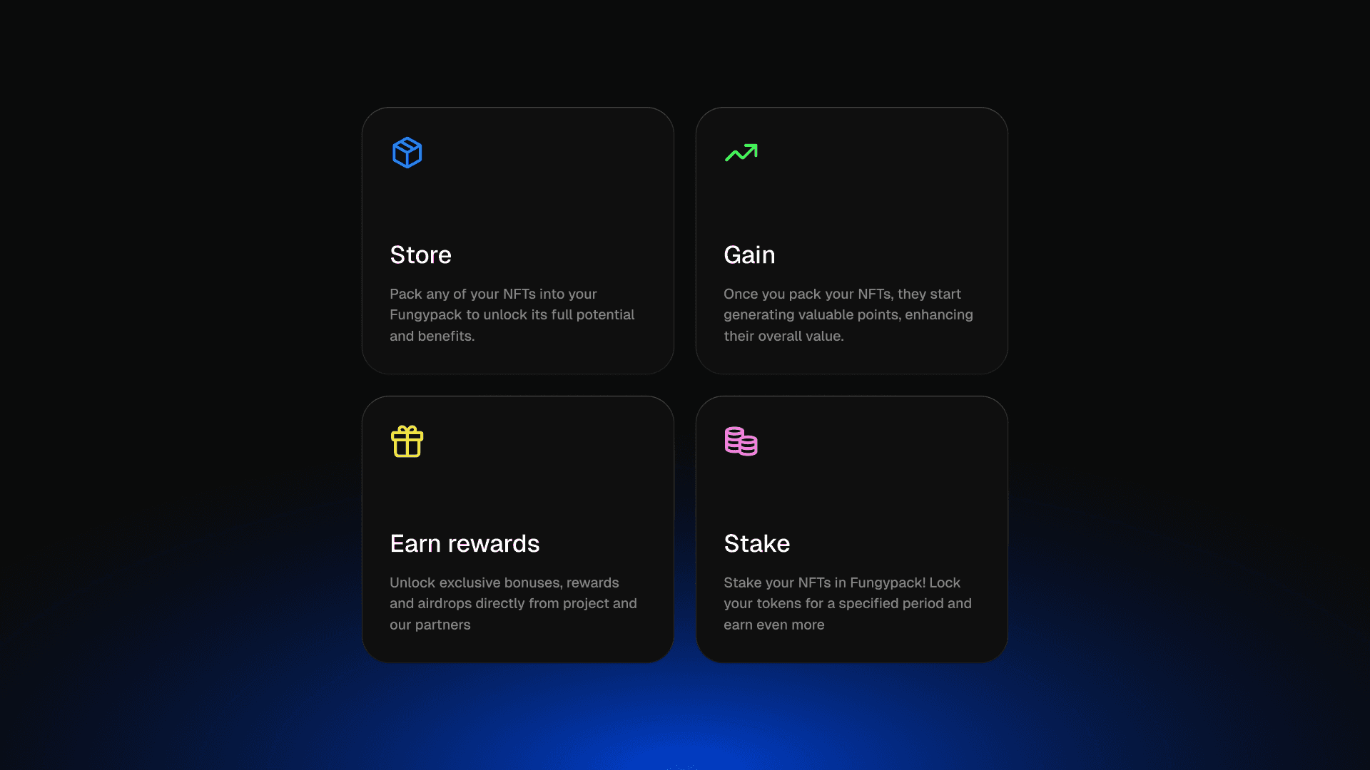 Feature section explaining how FangyPack rewards NFT holders and connects to the blockchain.