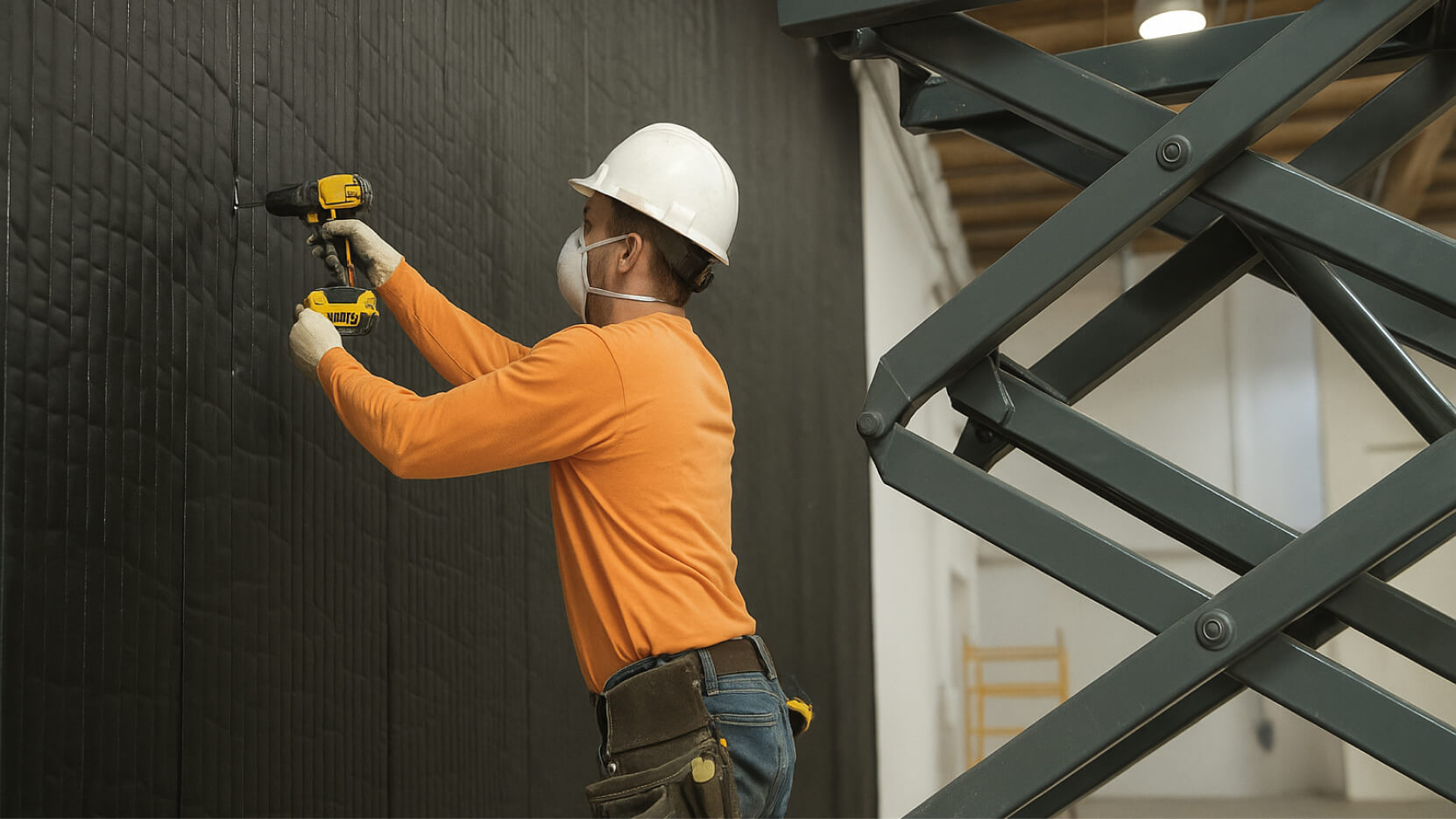 A worker in a hard hat applies finishing touches to a wall using a tool, standing on a scaffold.