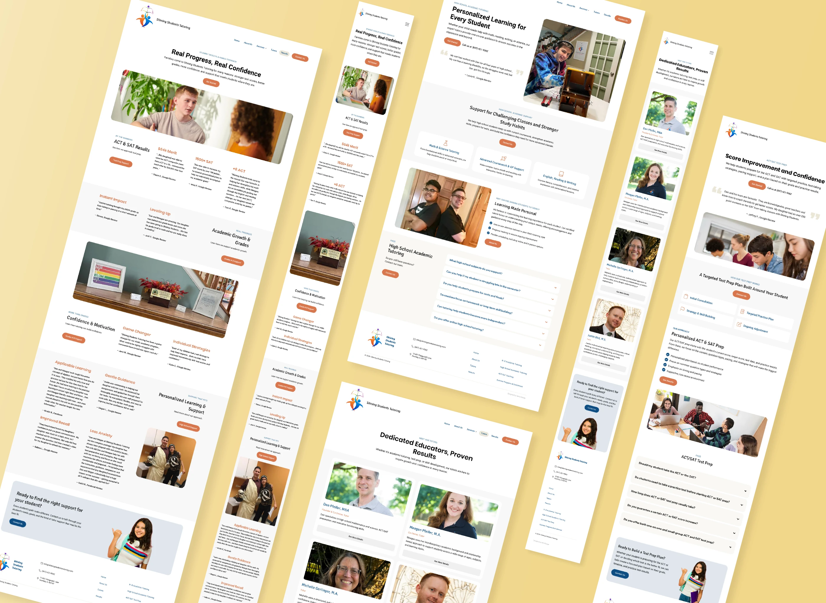 Shining Students Tutoring Results page, Tutors page, and Service pages.