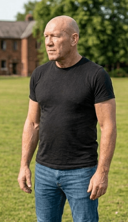 A man in a black t-shirt and blue jeans stands on a grassy field with trees and brick buildings in the background.