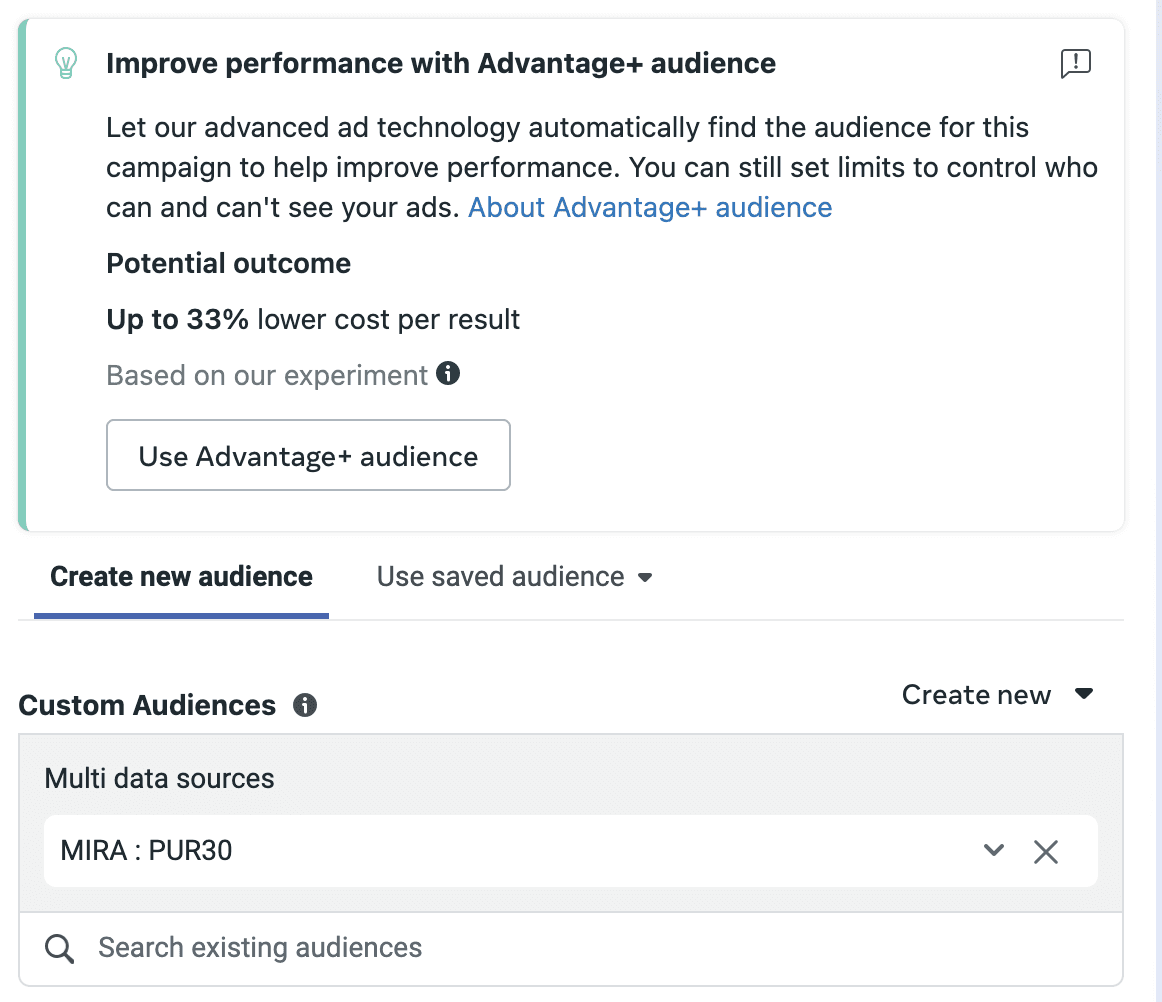 Original audience settings in Meta Ads Manager with a new custom audience of 30-day purchasers