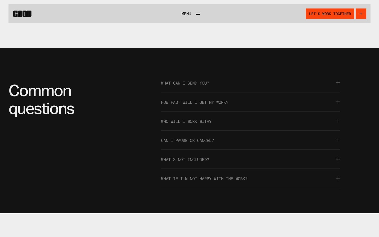 Black background with white text; left: "Common questions." Right: list of six FAQs with plus icons. Top left: "GOOD." Top right: orange...