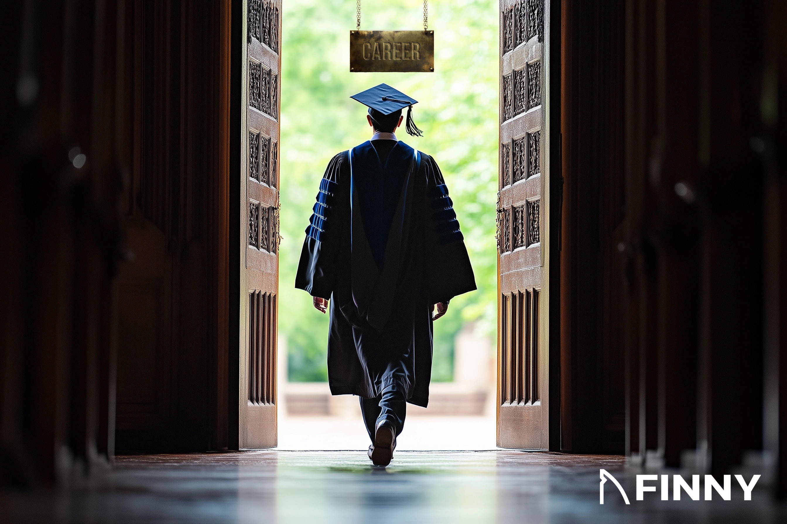 A graduate in an academic gown walking through large wooden doors toward a sign labeled 'Career,' symbolizing the transition from education to professional life.