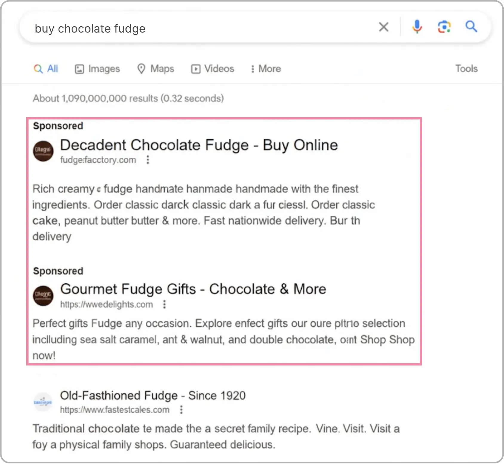 Google search results page showing sponsored ads for chocolate fudge products