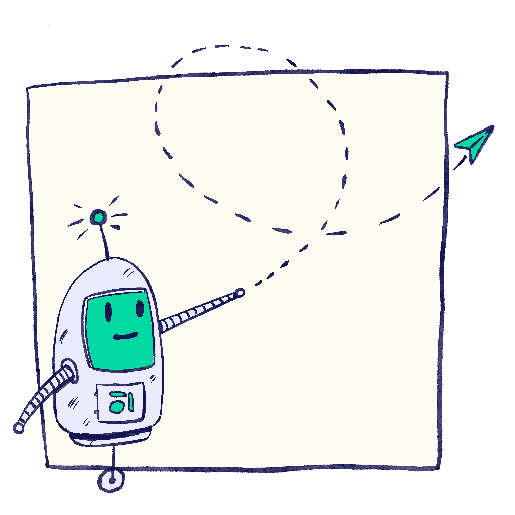 Illustration of a robot watching a green paper airplane fly off along a dashed, looping path.