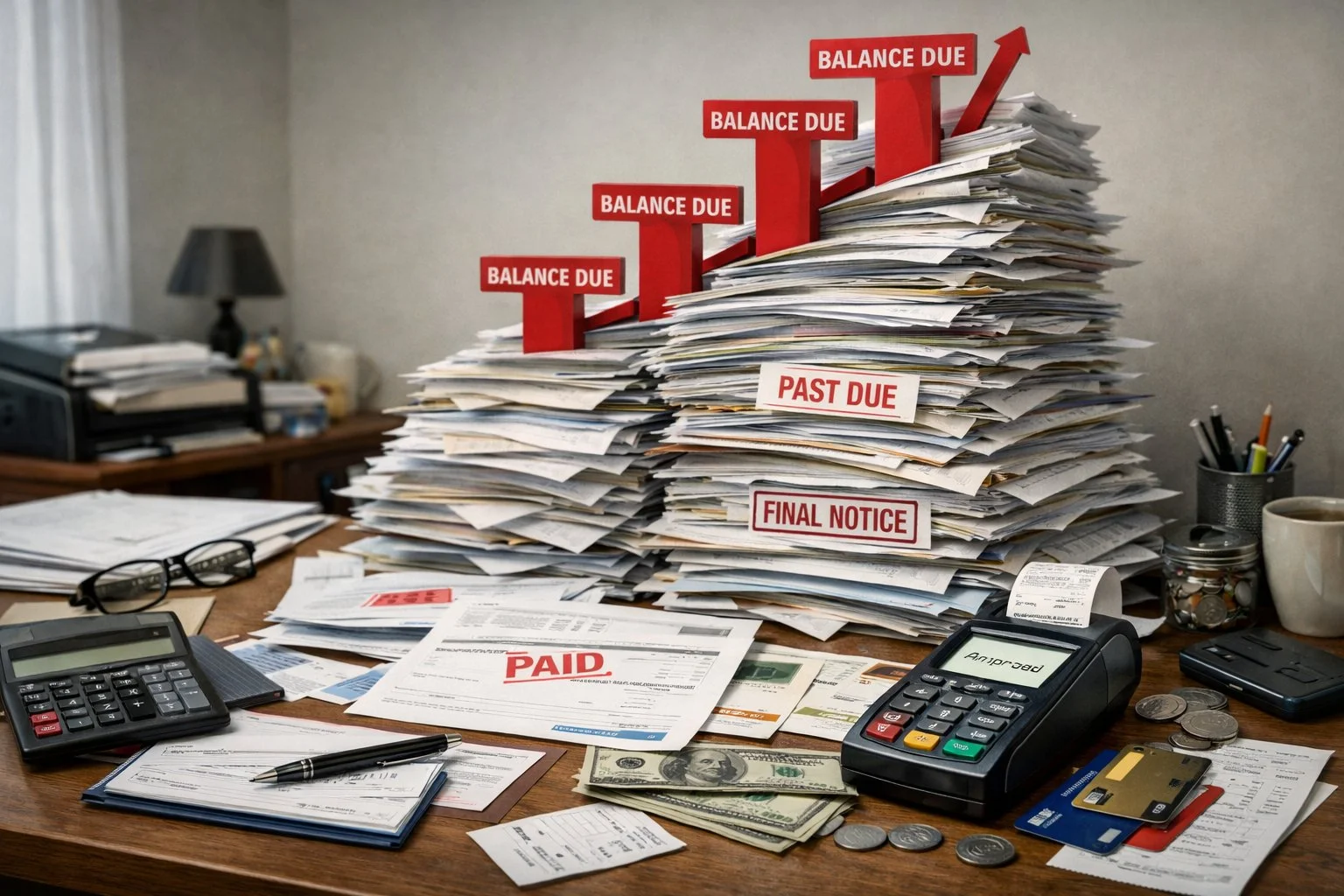 Desk scene showing payments being made while balances continue to rise through stacked paperwork, symbolizing an underlying financial issue.