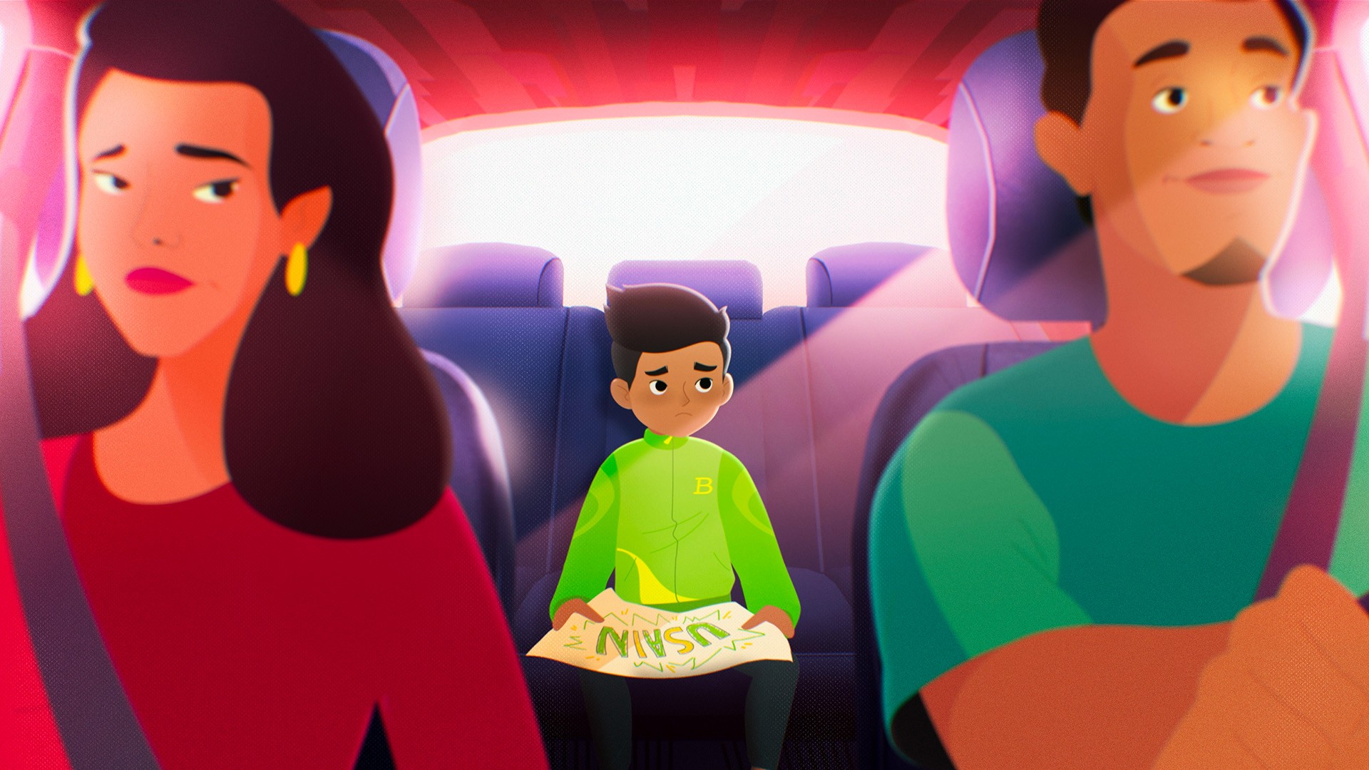 2D illustration of a familly in a car, with mom and dad in the foreground and a boy in the back seat
