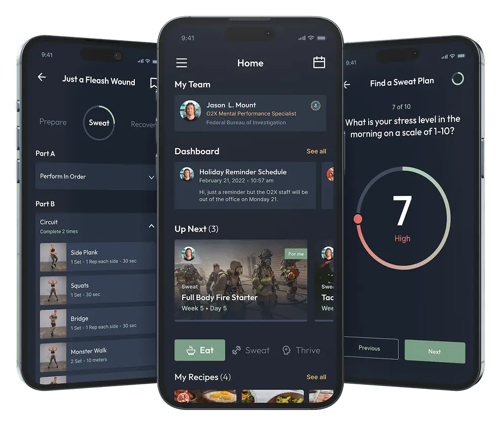 O2X mobile app screens