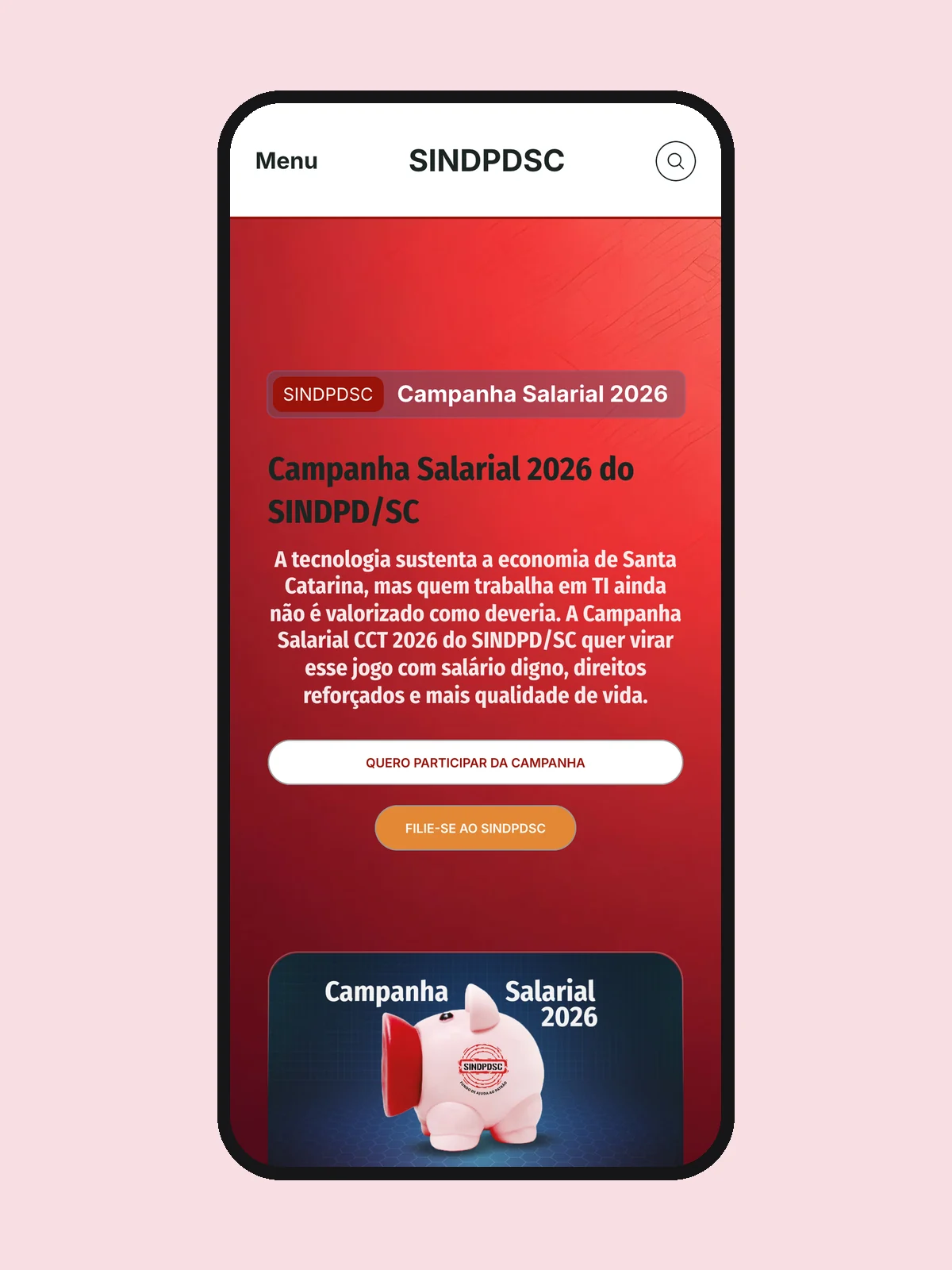 Página da Campanha Salarial 2026 no site do SINDPD/SC, no celular