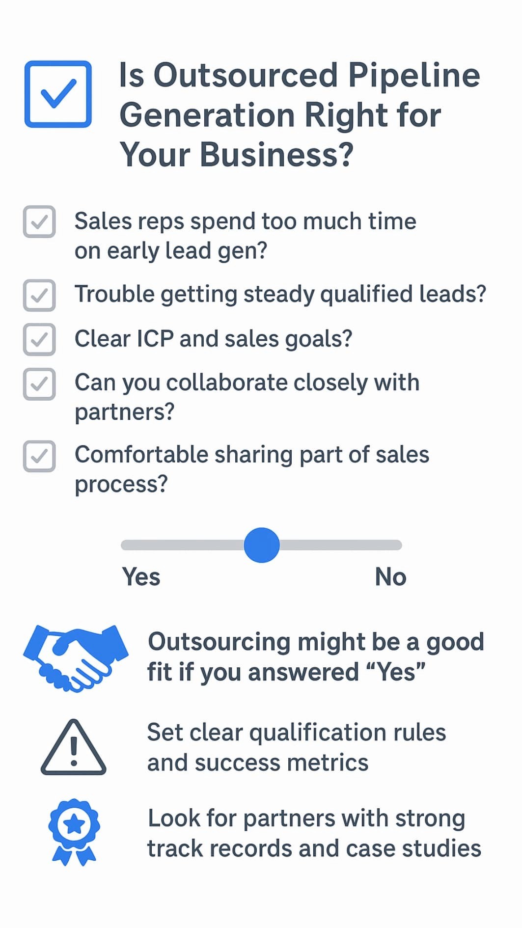 Checklist assessing if outsourced pipeline generation is suitable for a business, with recommendations for success.