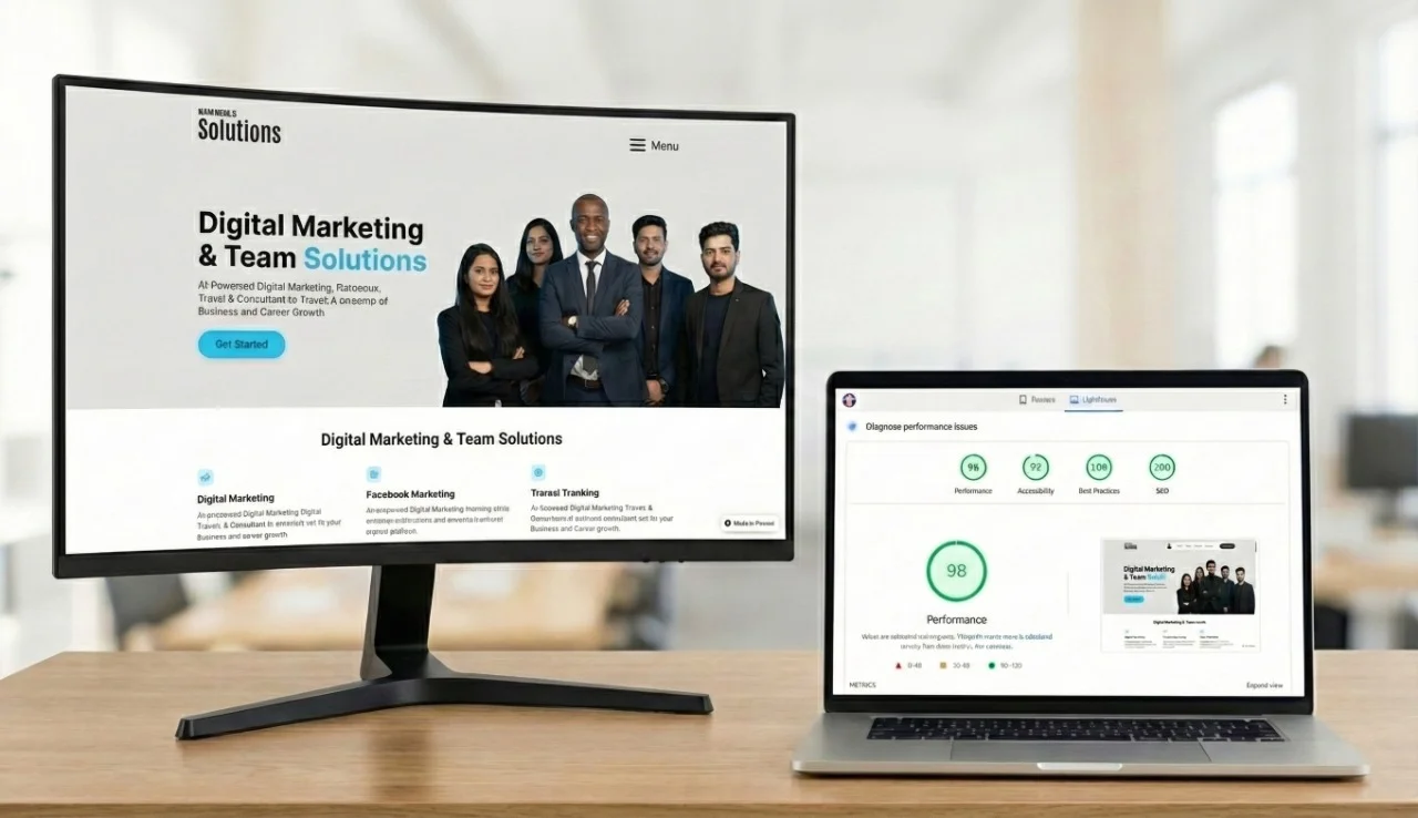 Digital marketing agency website layout showcasing a 98/100 Google Lighthouse performance score, demonstrating fast and SEO-friendly development by Mahendra R.