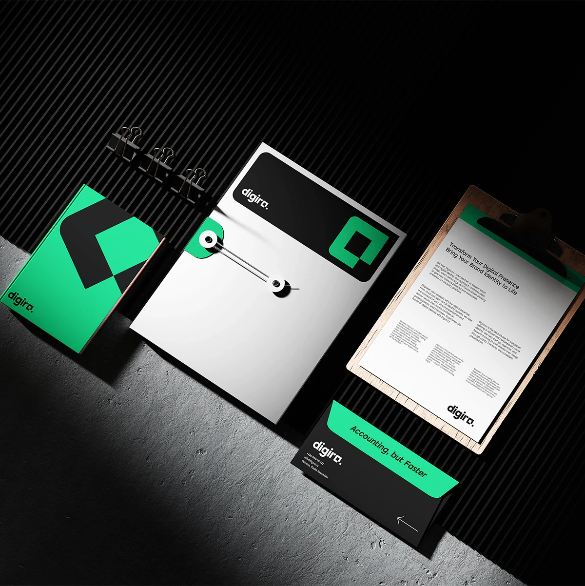 A branded Digiro stationery set including a folder, clipboard, and printed materials in a minimalist black and green design.