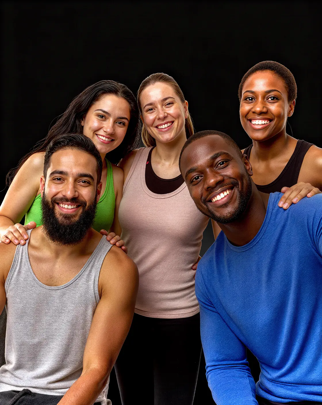 A group of diverse people smiling, possibly after a workout or fitness activity, looking directly at the camera.