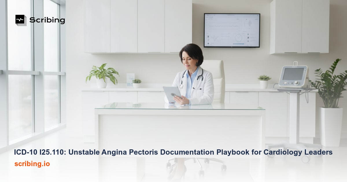 Medical illustration depicting unstable angina pectoris documentation concepts for cardiology and emergency medicine coding with ICD-10 I25.110