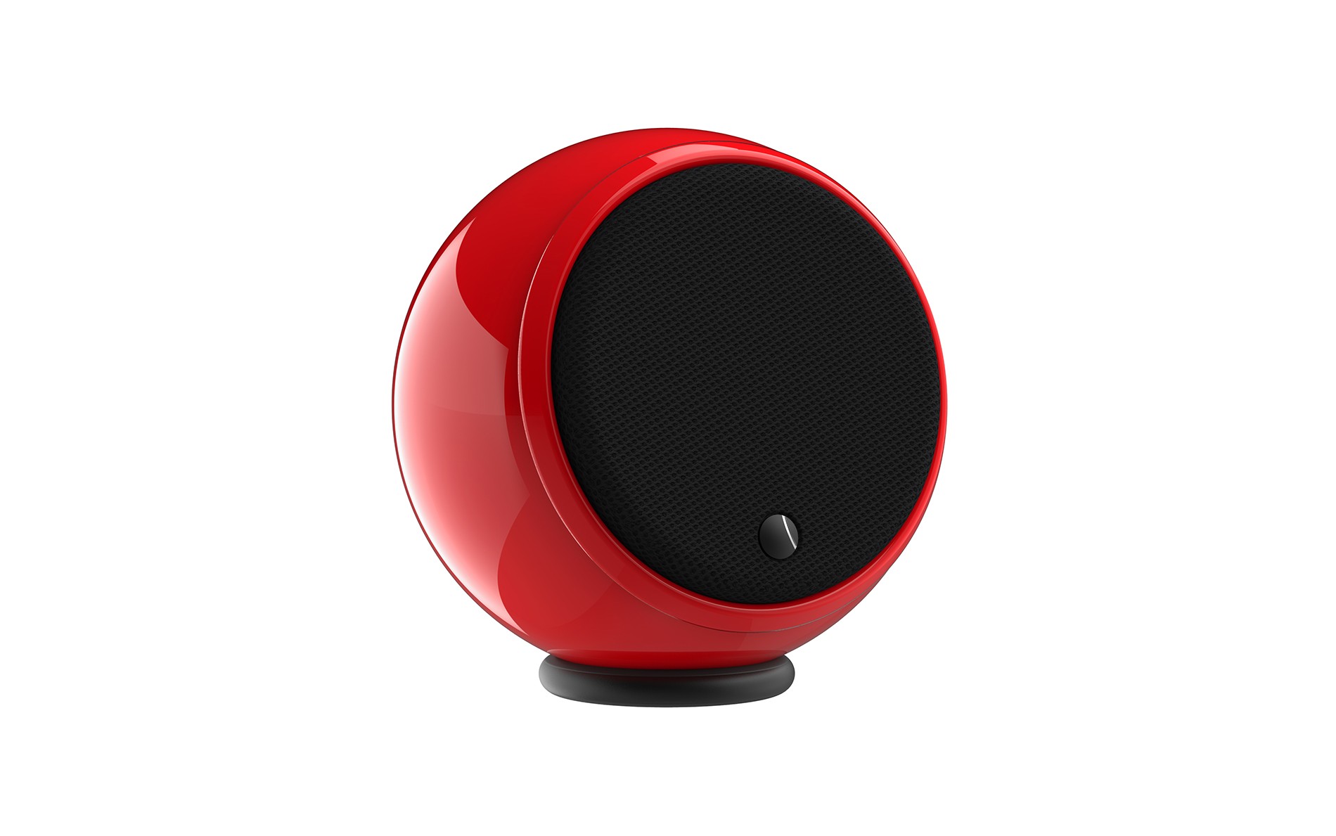 Red spherical speaker with black grille and button