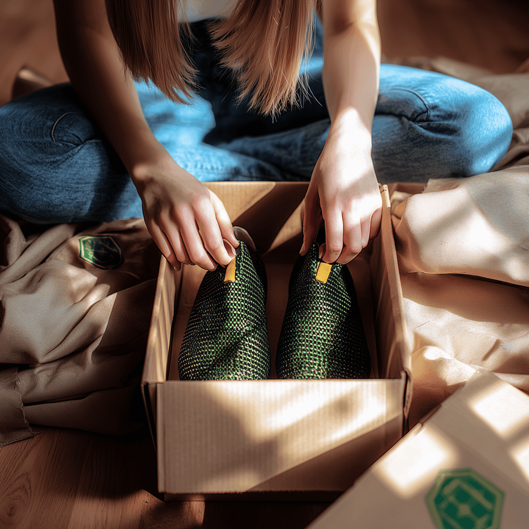 A women with blue jean is sitting cross-legged on the floor packing shoes in a brown box for a return pickup. The shoes are green boots with a yellow tag.