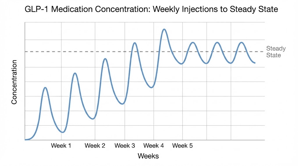 GLP-1 plotter concentration curve showing medication accumulation to steady state