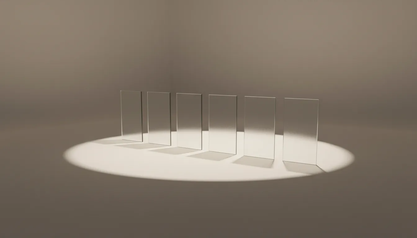Minimalist 3D render, Blender style, of a row of vertical square panes of frosted glass arranged in a diagonal line on a flat surface. The scene is illuminated by a single, focused spotlight, casting long, sharp, parallel shadows onto a bright oval of light. The image features a clean studio backdrop and a muted, monochromatic warm-gray color palette.