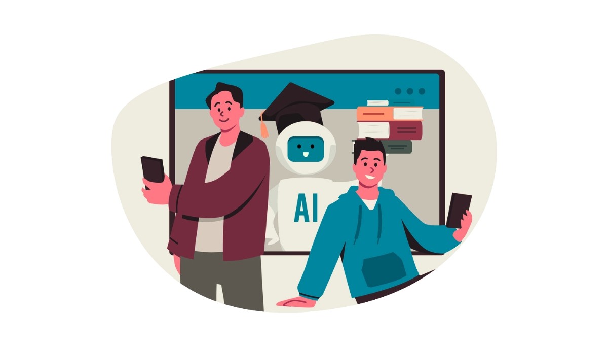Illustration of two people taking selfies with a smiling robot wearing a graduation cap labeled “AI”.